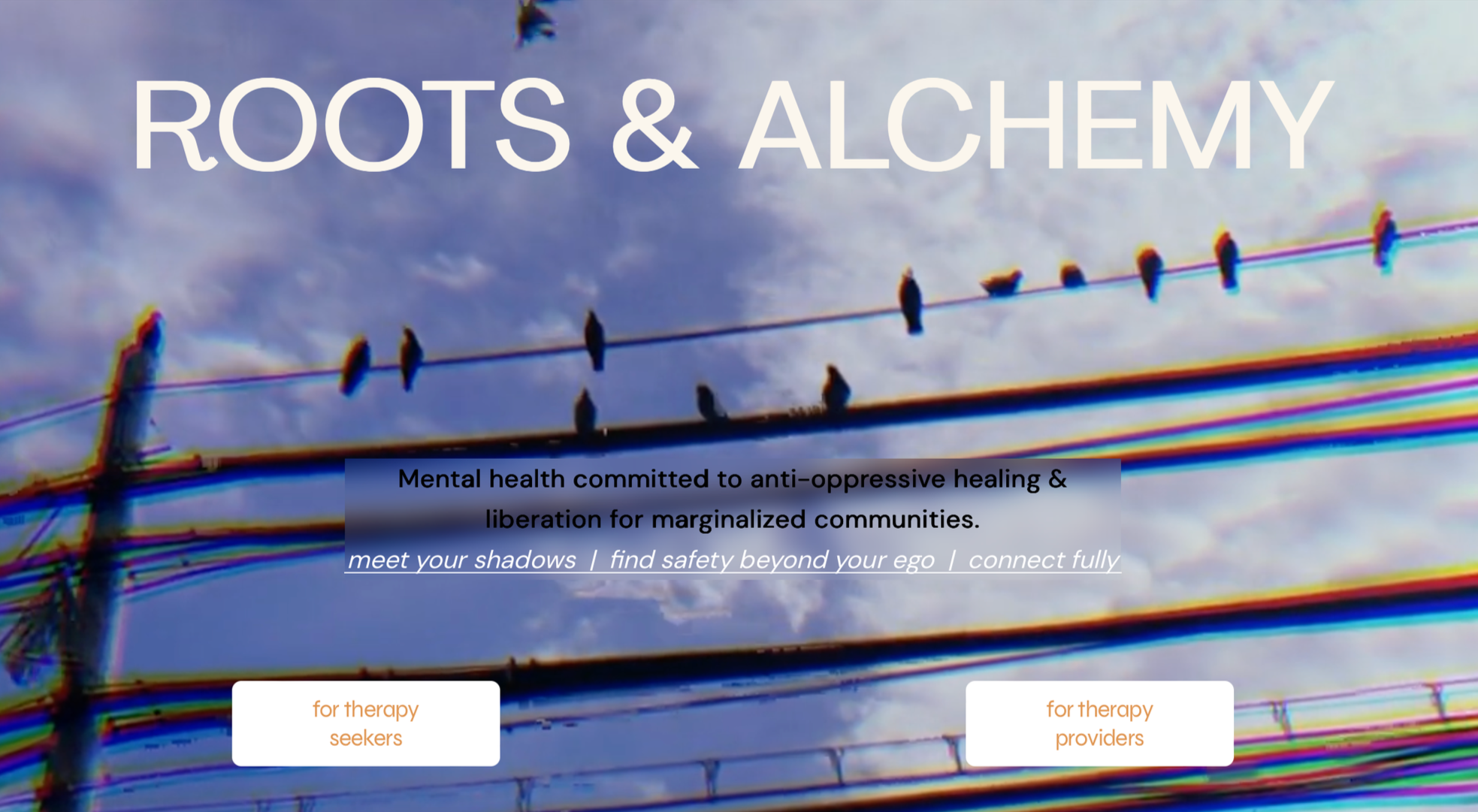 Image of a cloudy sky background with a line of birds on power lines. Text overlay reads 'Roots & Alchemy'. Subtext mentions commitments to mental health, anti-oppressive healing, and marginalized communities. Two buttons at the bottom say 'for therapy seekers' and 'for therapy providers'.