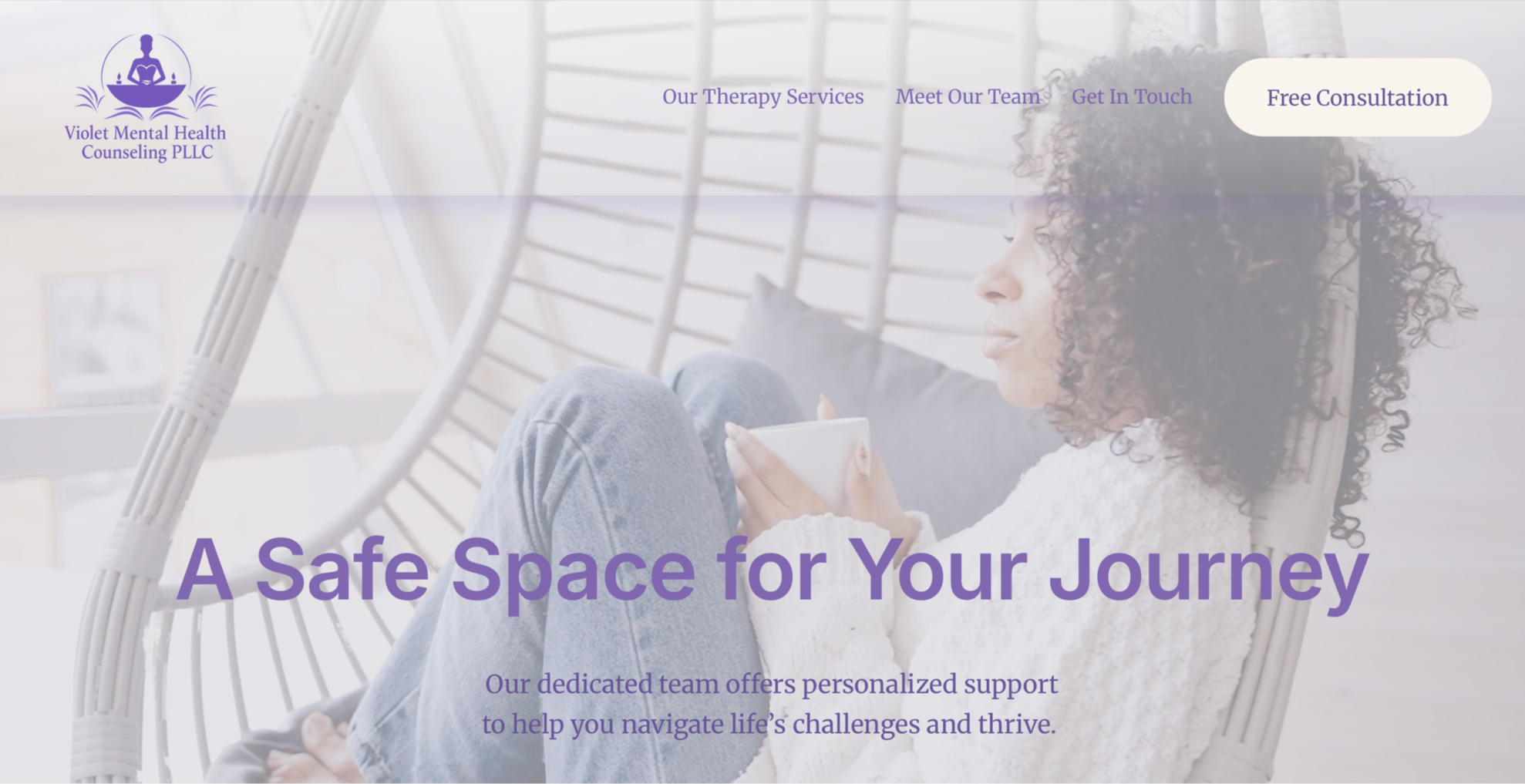 A woman with curly hair sitting in a hanging chair, holding a cup, in a bright room with large windows. The webpage header includes a logo and navigation links for therapy services, team, contact, and free consultation for Violet Mental Health Counseling PLLC.