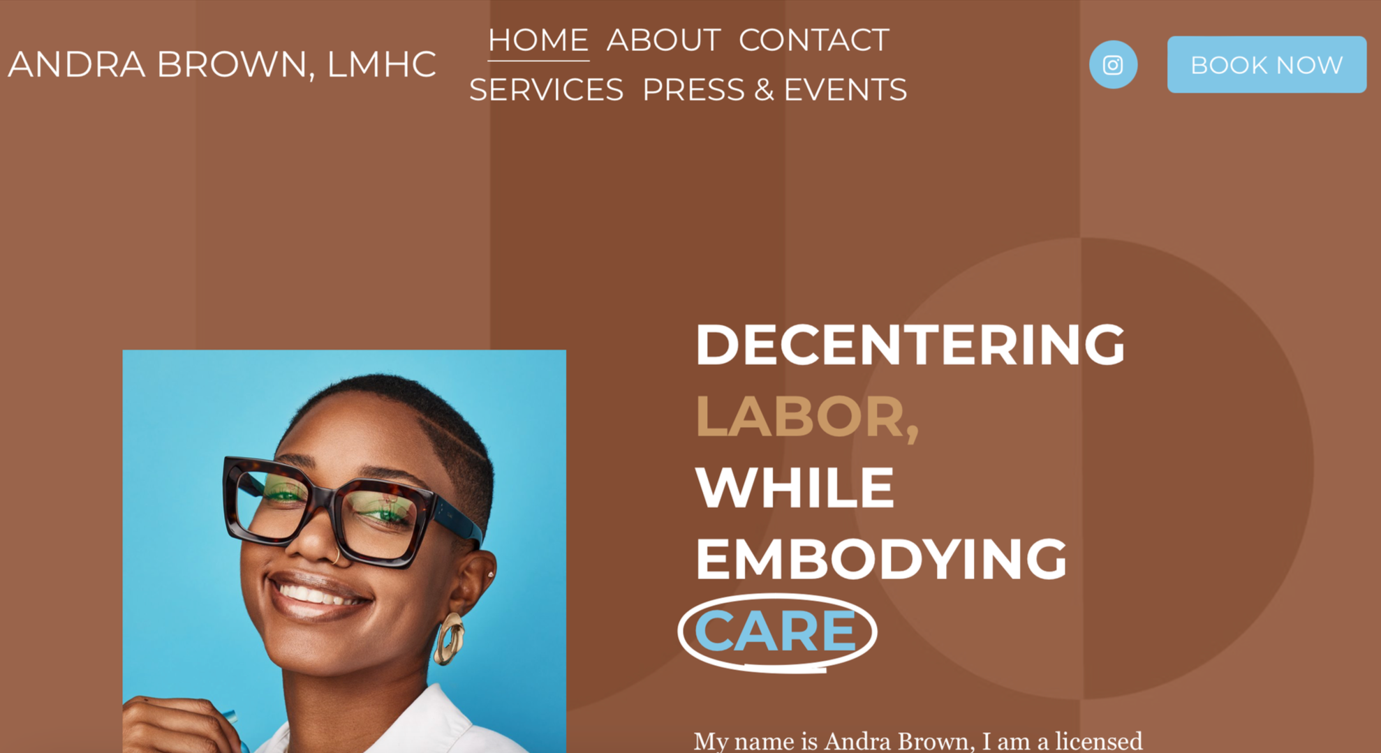 A smiling woman with glasses, earrings, and short hair against a blue background. The webpage header has navigation links and a 'Book Now' button, with the title 'Decentering Labor, While Embodying Care' and some introductory text about Andra Brown.