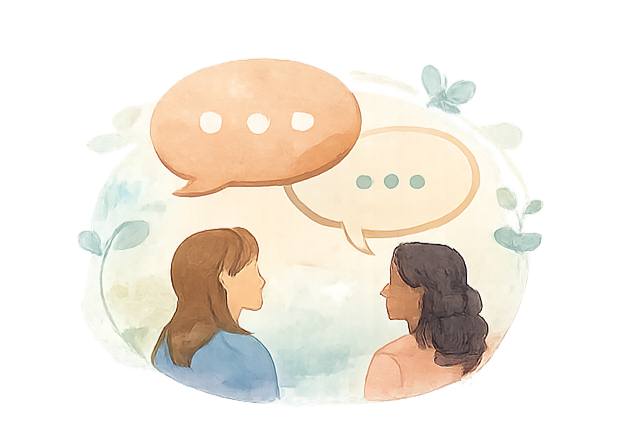 Two female presenting people walking and taking turns talking to each other