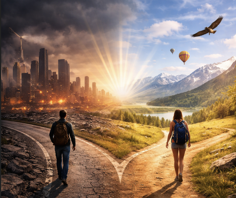 AI generated image that demonstrates a person's rough, independent survivorship journey vs a clearer journey after joining GOTU membership.