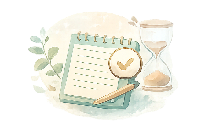 Sand timer next to a standing notepad