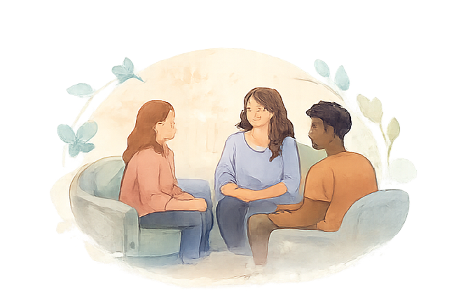 A group of three people, two female presenting and one male presenting, communicating with each other face-to-face