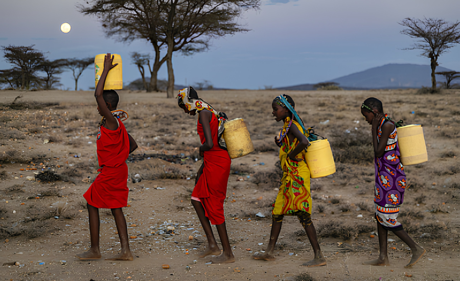 Four young people carrying yellow water containers walk across a dry, arid landscape beneath sparse trees and distant hills.