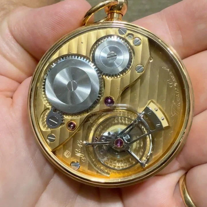 And another Thomas Engel pocket watch, this time not only an exquisite Tourbillon escapement by Richard Daners, but the additional complication of a Jumping Hour hand! Again, super silver guilloche dial with power reserve indicator. The case back has