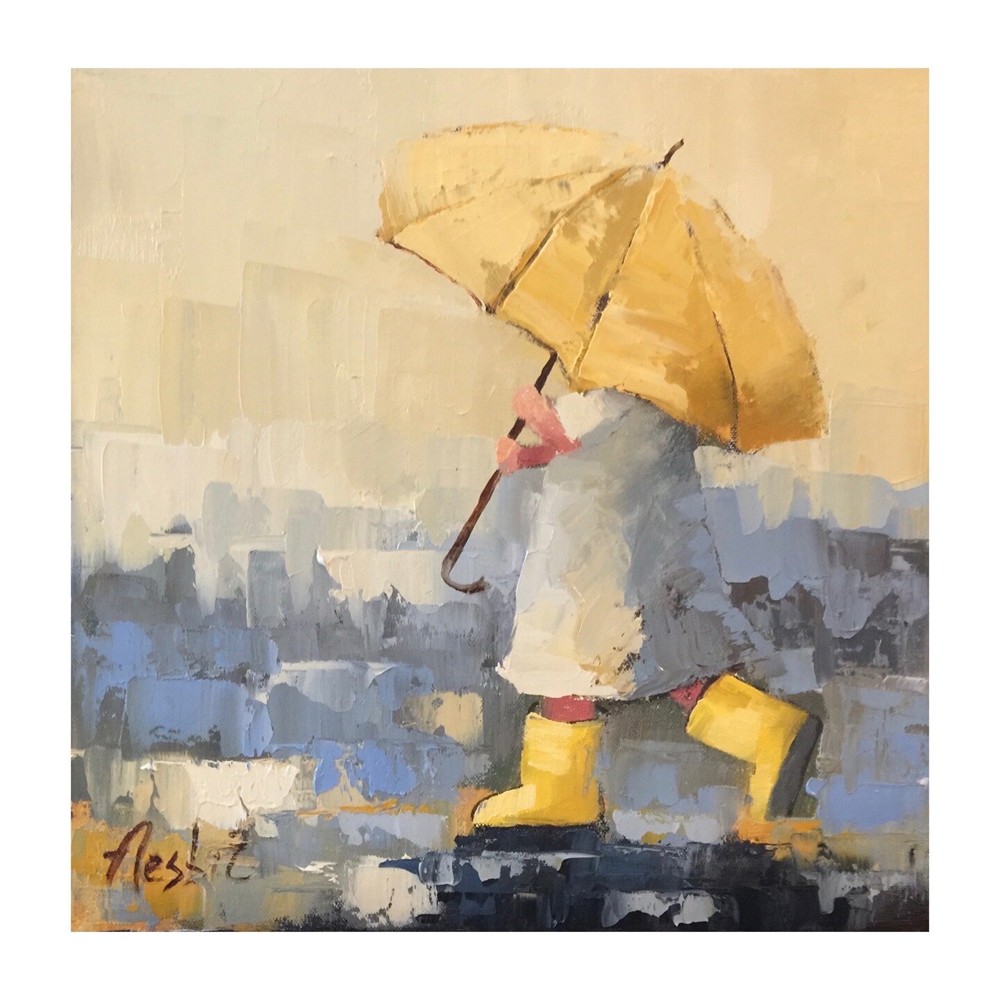 RAIN RAIN GO AWAY!  Wishing for Sunny Skies today!  This painting came to mind on my walk this morning.  It has been a really long while since I have painted Umbrellas. I love the carefree nature of kids and the umbrella adds a fun element to paint e
