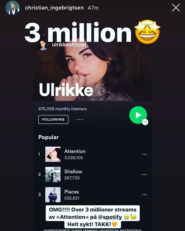 Gratulerer S&Aring; mye med 3mill streams av #Attention @ulrikkeofficial @christian_ingebrigtsen @morlandmusic 😍🙌🏼🌸🎉🥇🎶 #eurovision #goingfor4million #wohoo