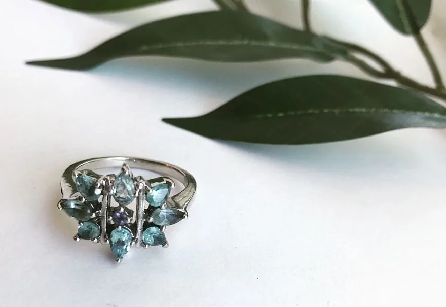 Vintage Cocktail Silver Ring with Blue Stones