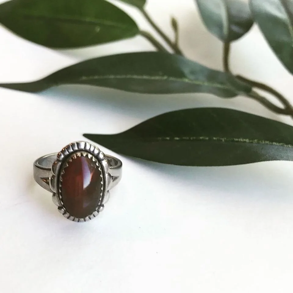 Vintage Silver Ring with Oval Amber Stone