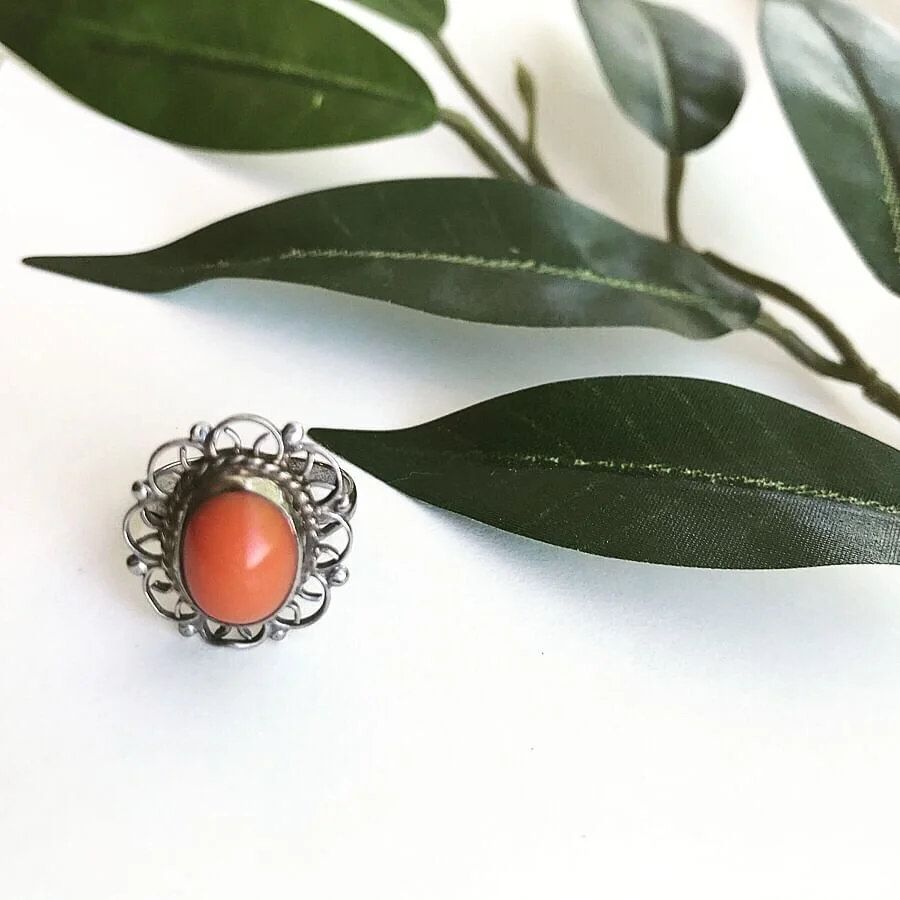 Vintage Silver Ring with an Oval Orange Stone