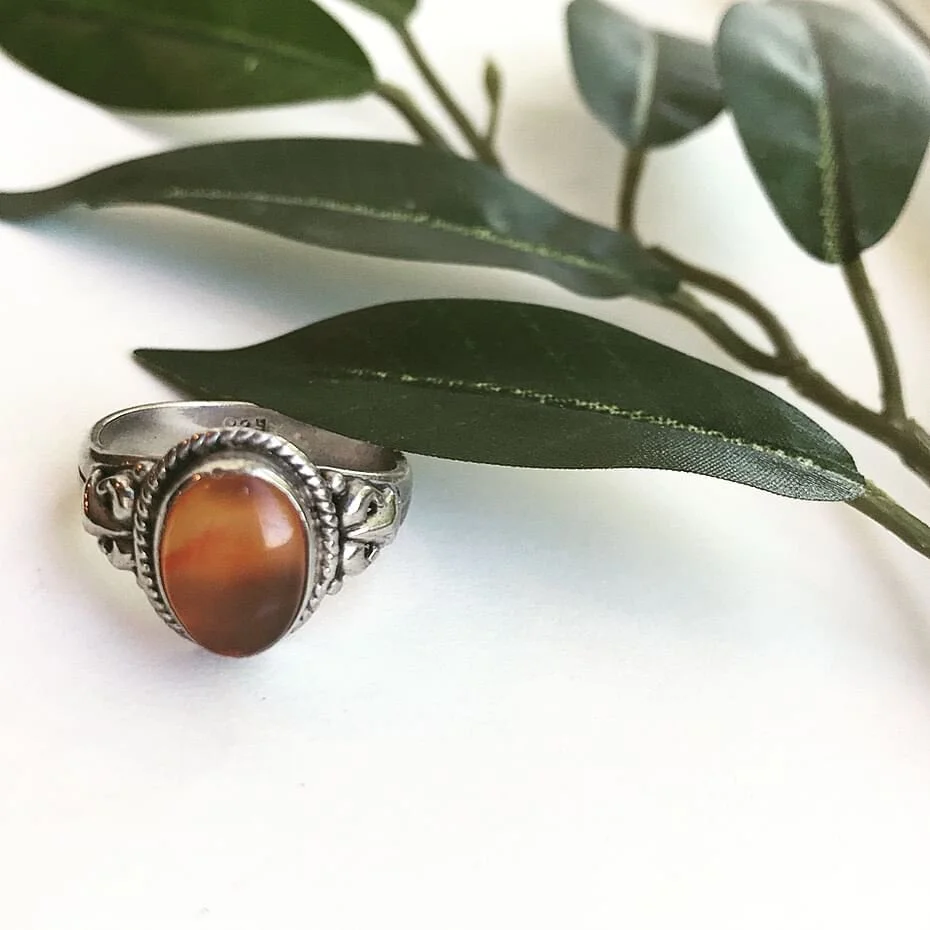 Vintage Silver Ring with Large Amber Stone