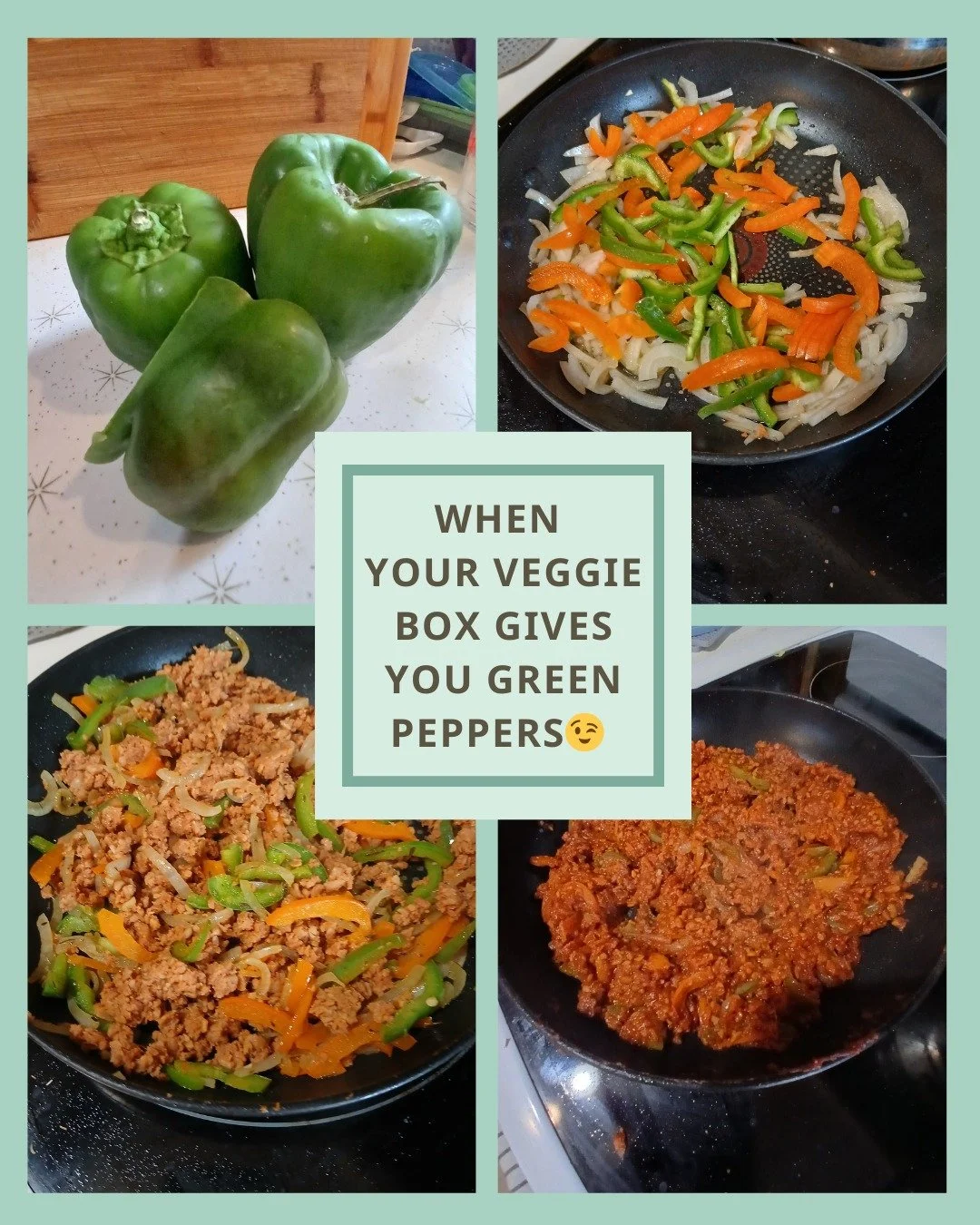 Veggie boxes give you a chance for variety and to try new ingredients and recipes...Like a bunch of green peppers! 

In this one, I sauteed some onions, green and orange peppers, then added some tempeh crumbles, and my leftover BBQ sauce. I often add