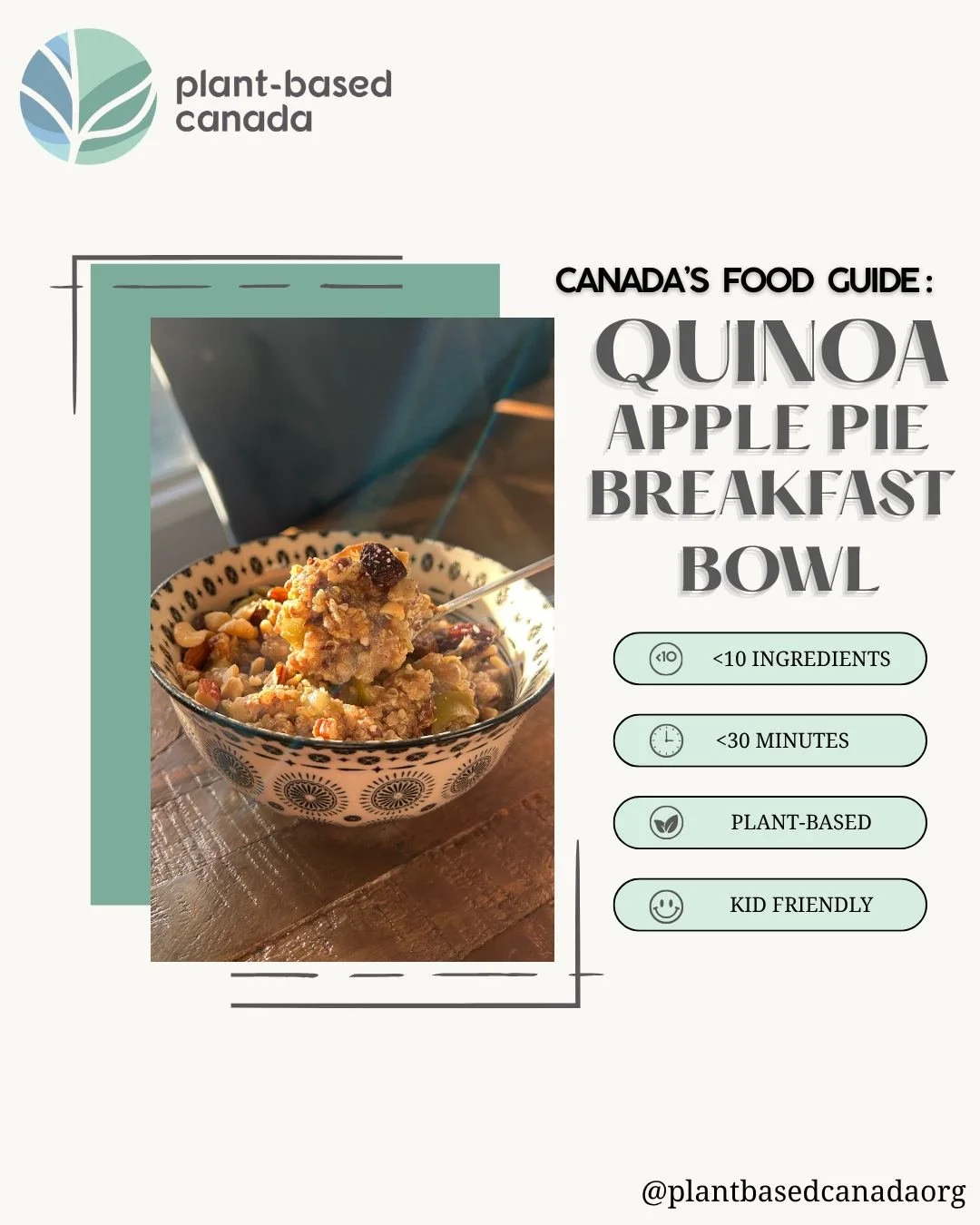 Tired of overnight oats - try this quinoa apple pie breakfast bowl instead - right from the Canada Food Guide website!
.
✨HERES WHY:
Quinoa is a superfood!
- rich in vitamins like B1, B2, B6 &amp; folic acid
- a good source of iron &amp; magnesium
- 
