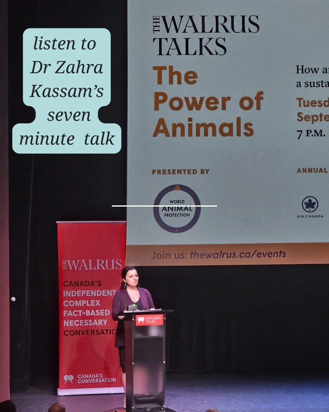 Thank you to The Walrus Talks for presenting an evening of community and ideas on The Power of Animals.
.
Now you can watch Dr Zahra Kassam's powerful 7-minute talk on the power of plant-based diets on disease and health on YouTube at this link: http