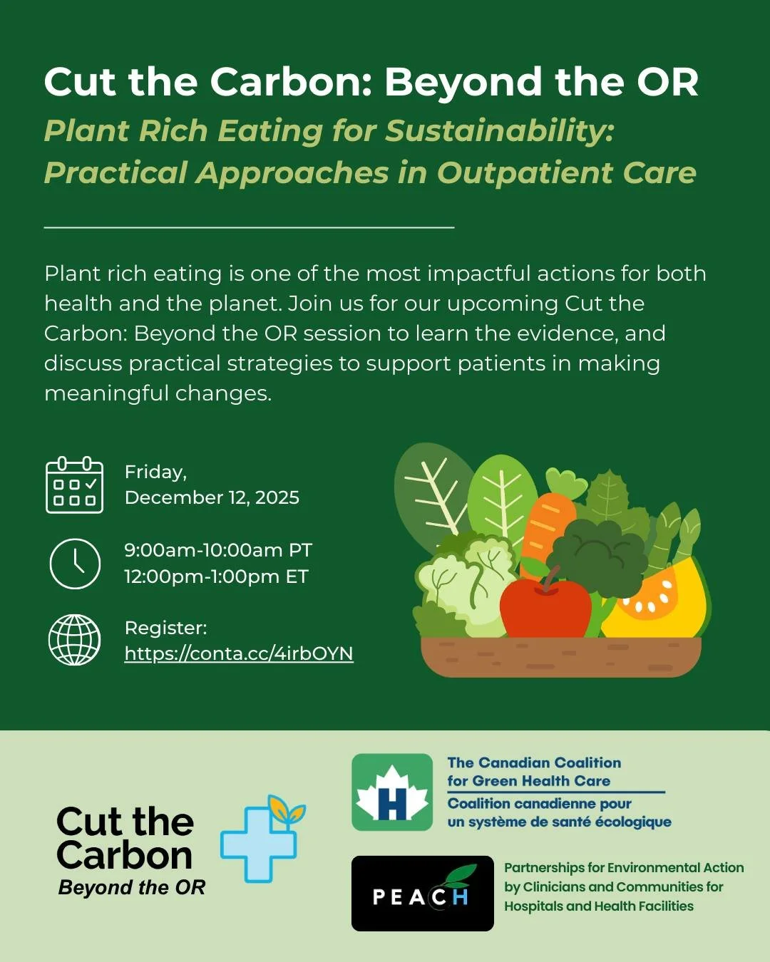 🌱 Plant Rich Eating for Sustainability: Practical Approaches in Outpatient Care
📅 December 12, 2025 | 12:00 PM ET
.
We're excited to be invited by the Canadian Coalition for Green Health Care and PEACH for the invitation to present on this importan