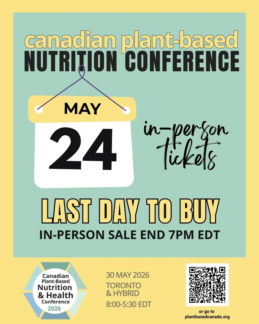 Oh my goodness&hellip;we are just about a week away from the conference! 
May 30 is nearly here.
.
That means only a few more days to buy in-person tickets to the Canadian Plant-Based Nutrition &amp; Health Conference in downtown Toronto. 
.
We have 