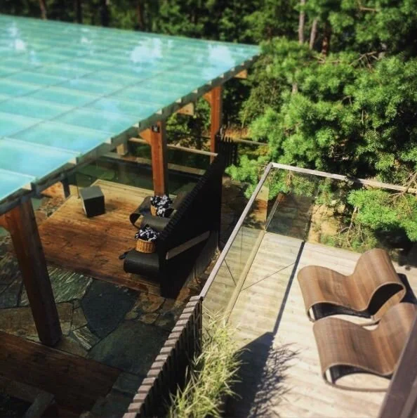Outdoor pool area with new glass roof