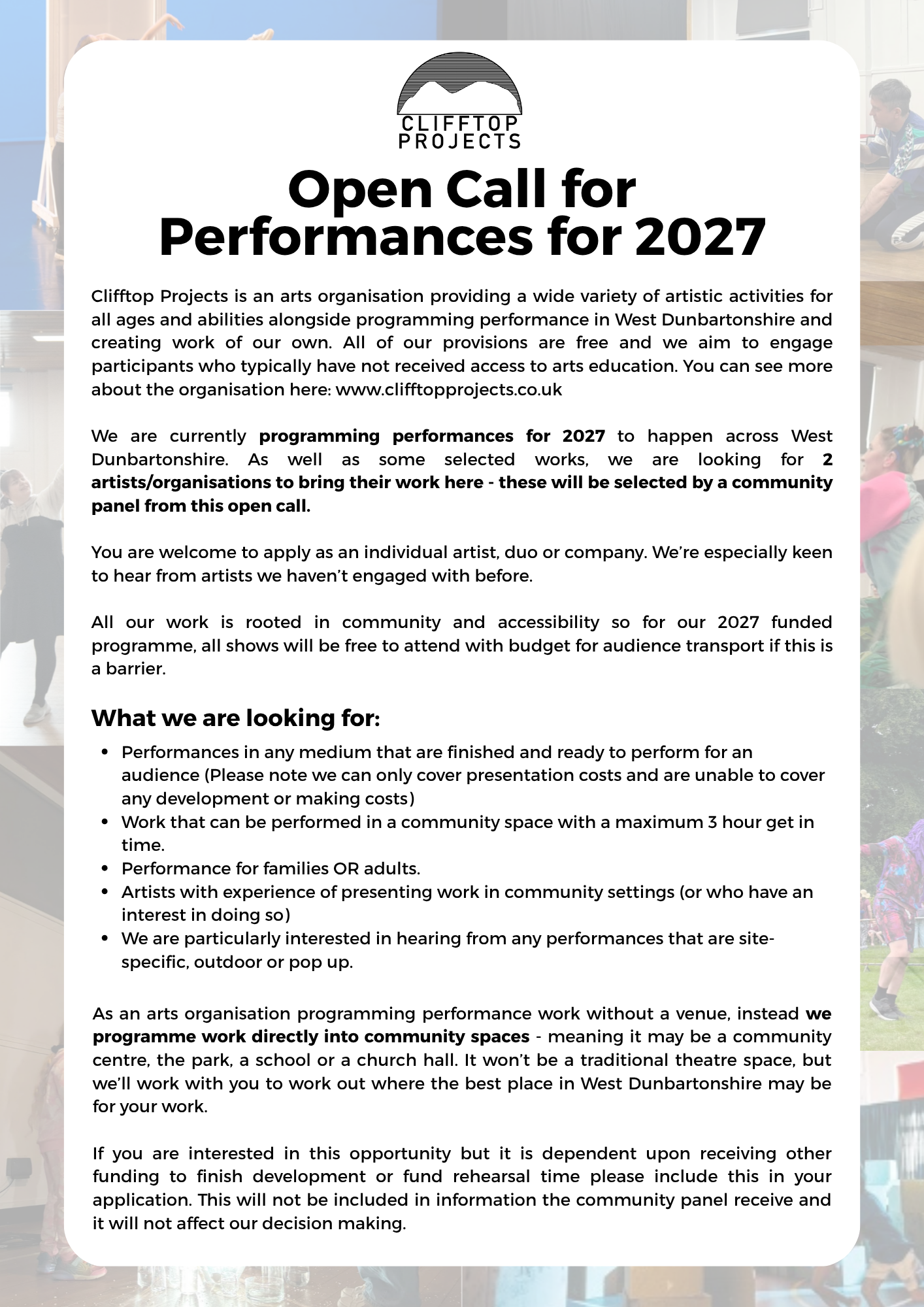 Open Call for Performances for 2027. For more information and how to apply, please email company producer Amy at amy@clifftopprojects.co.uk
