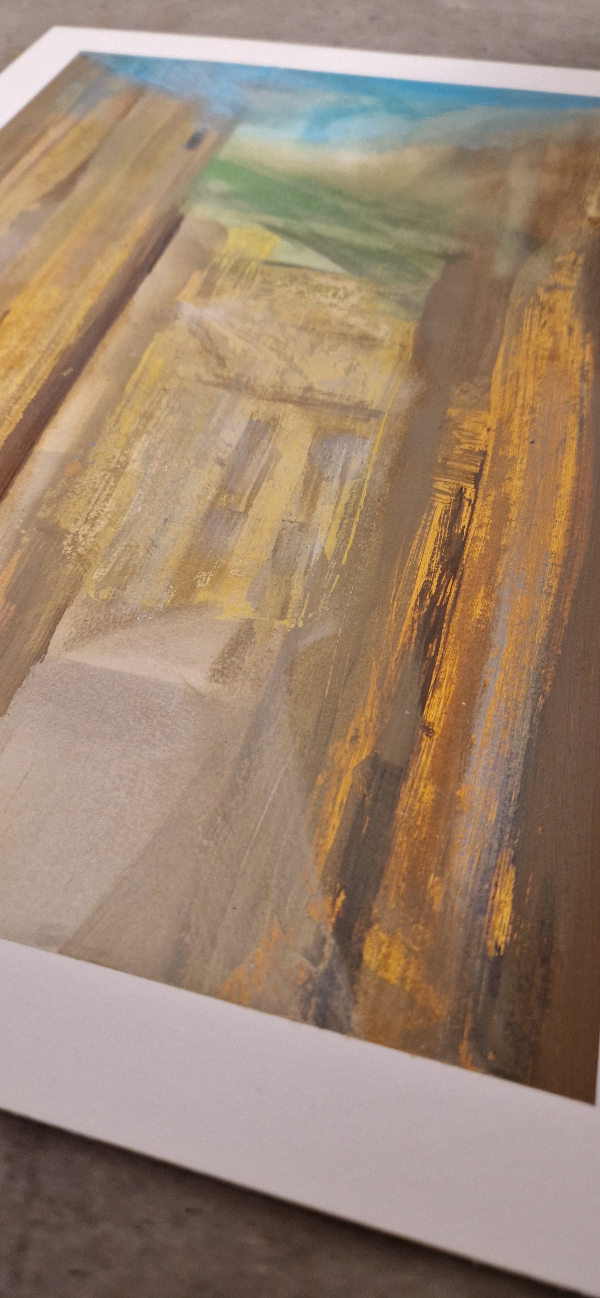 Abstract painting with earthy tones and brushstrokes, depicting a landscape with sky and green areas.