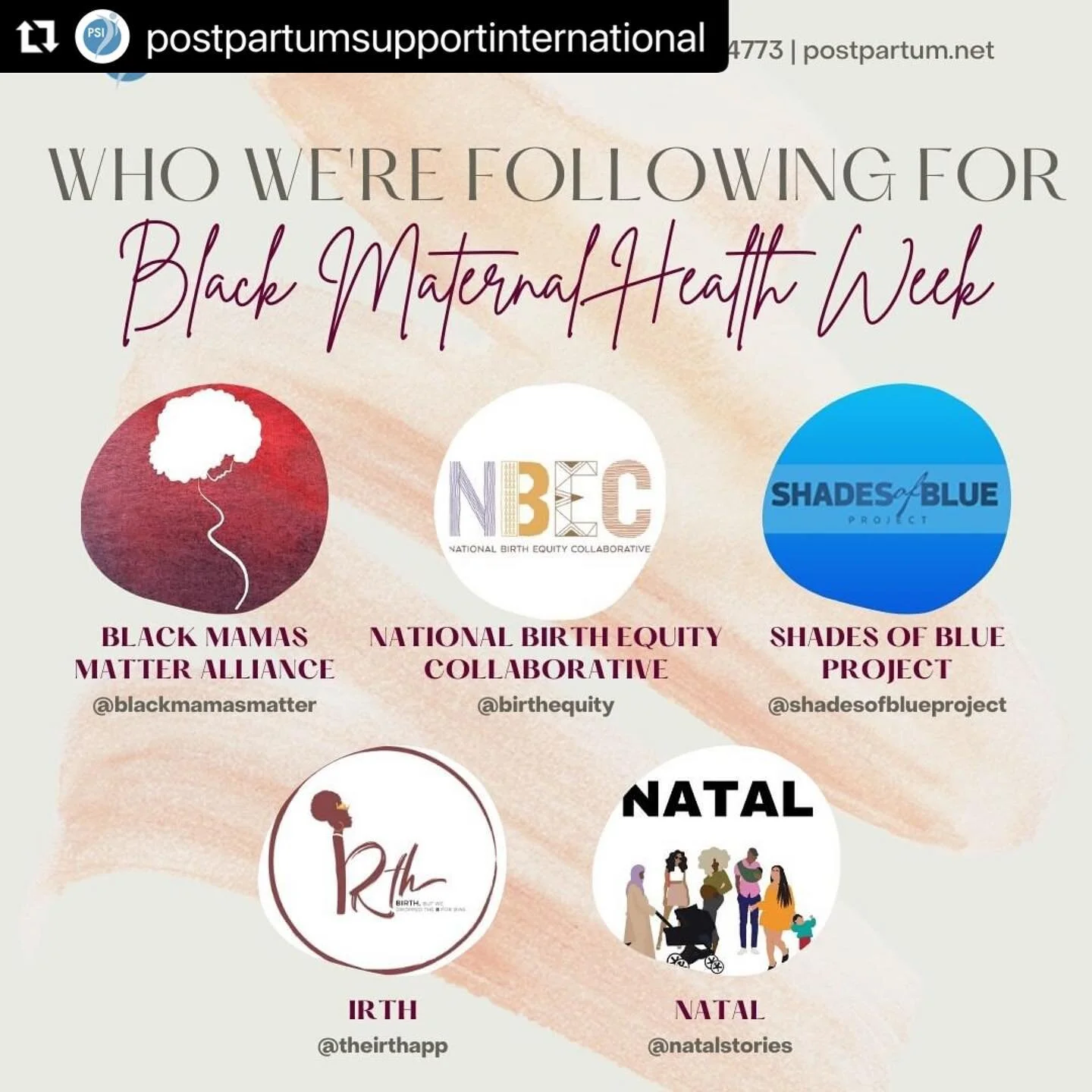 #Repost @postpartumsupportinternational This week is Black Maternal Health Week! Here are the accounts we're following that focus on the experiences and stories of Black parents and are working to create a more equitable world. 
✨ @blackmamasmatter: 