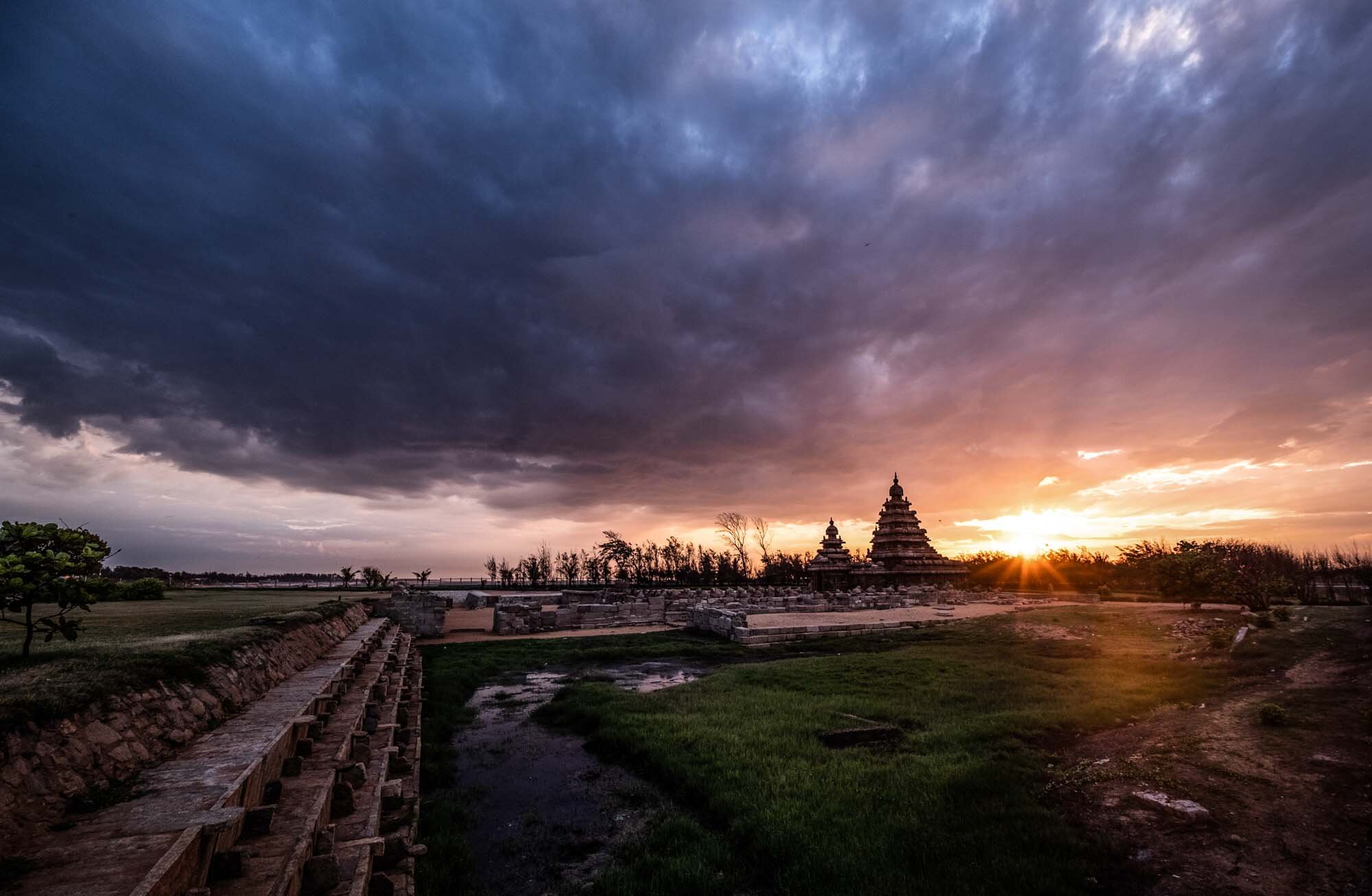  Sunrise over the Shore Temple in Mahabalipuram. Built in the 6th to 7th centuries CE the temple is being damaged by salt moisture due to the proximity to the beach 