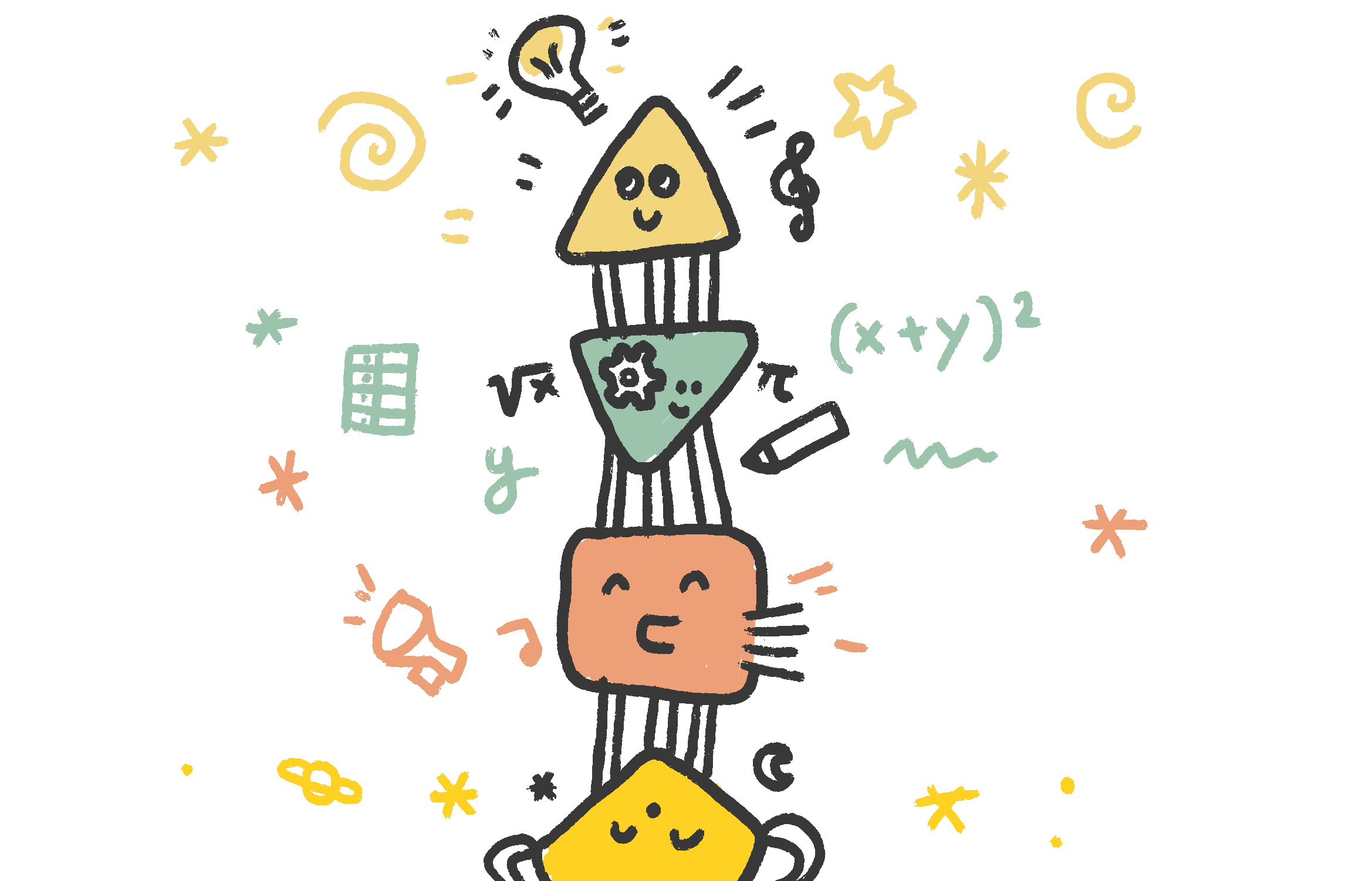 A playful illustration of four colorful, cartoon-like geometric shapes representing chakras, bodygraph centers in human design, each with smiling faces and black and white striped legs, surrounded by doodles.
