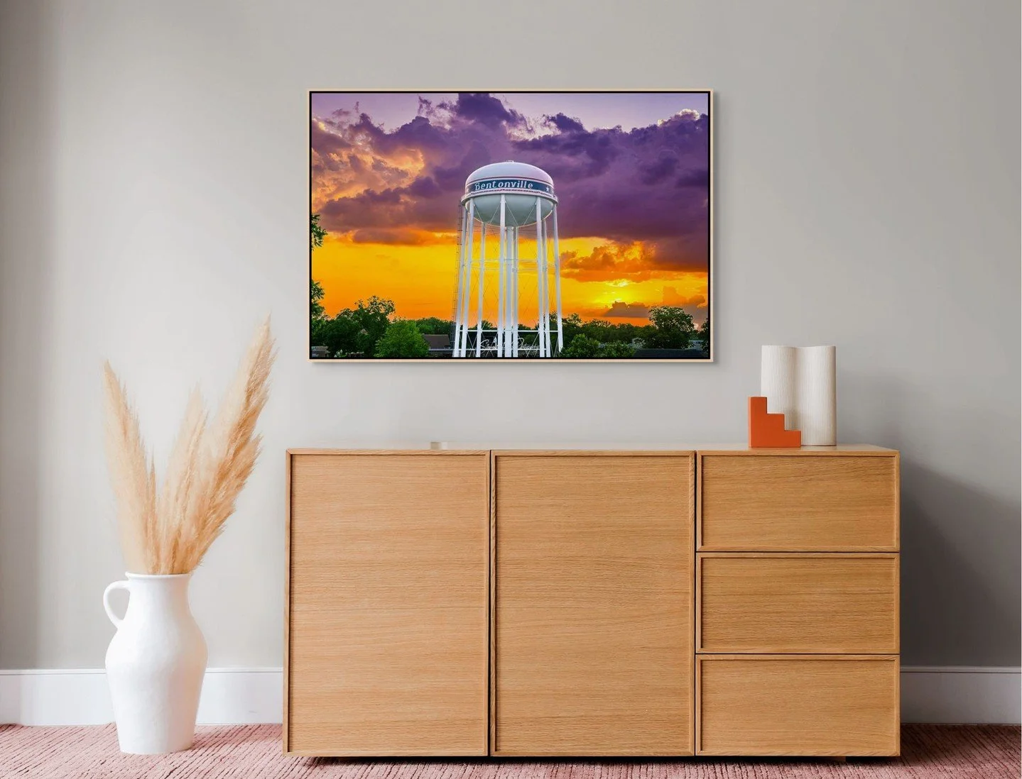 Brighten up your space with a true Bentonville sunset! This 32x48 canvas brings a splash of local color and sky drama right into your living room. Each print is crafted for quality and ready to hang&mdash;perfect for anyone who loves a bold Arkansas 