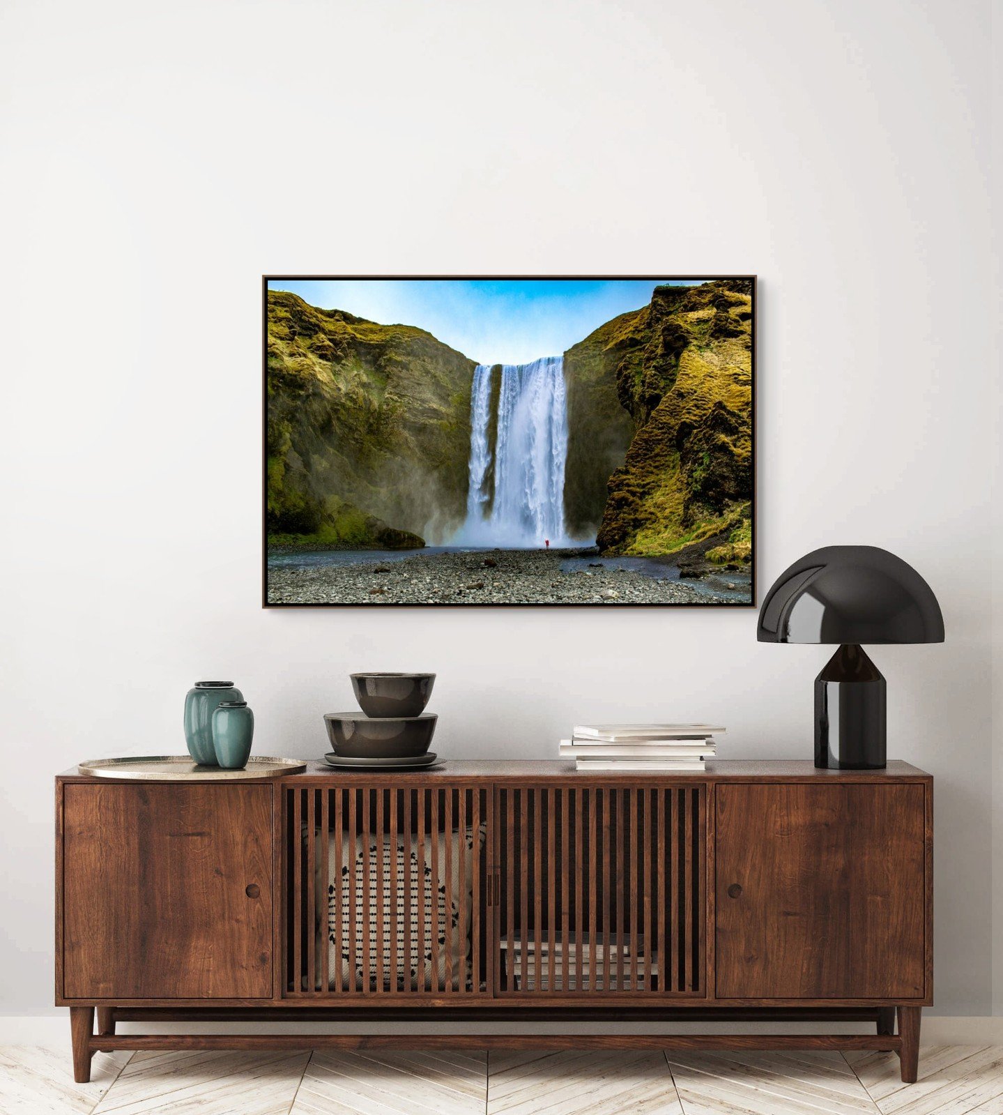 Go big with 'Shadow of the Jotnar' (32x48 shown)&mdash;a waterfall scene that makes any room feel epic. Available in multiple sizes and materials, plus easy payment options on Shopify. Curious about custom sizing or finishes? Message me for details!