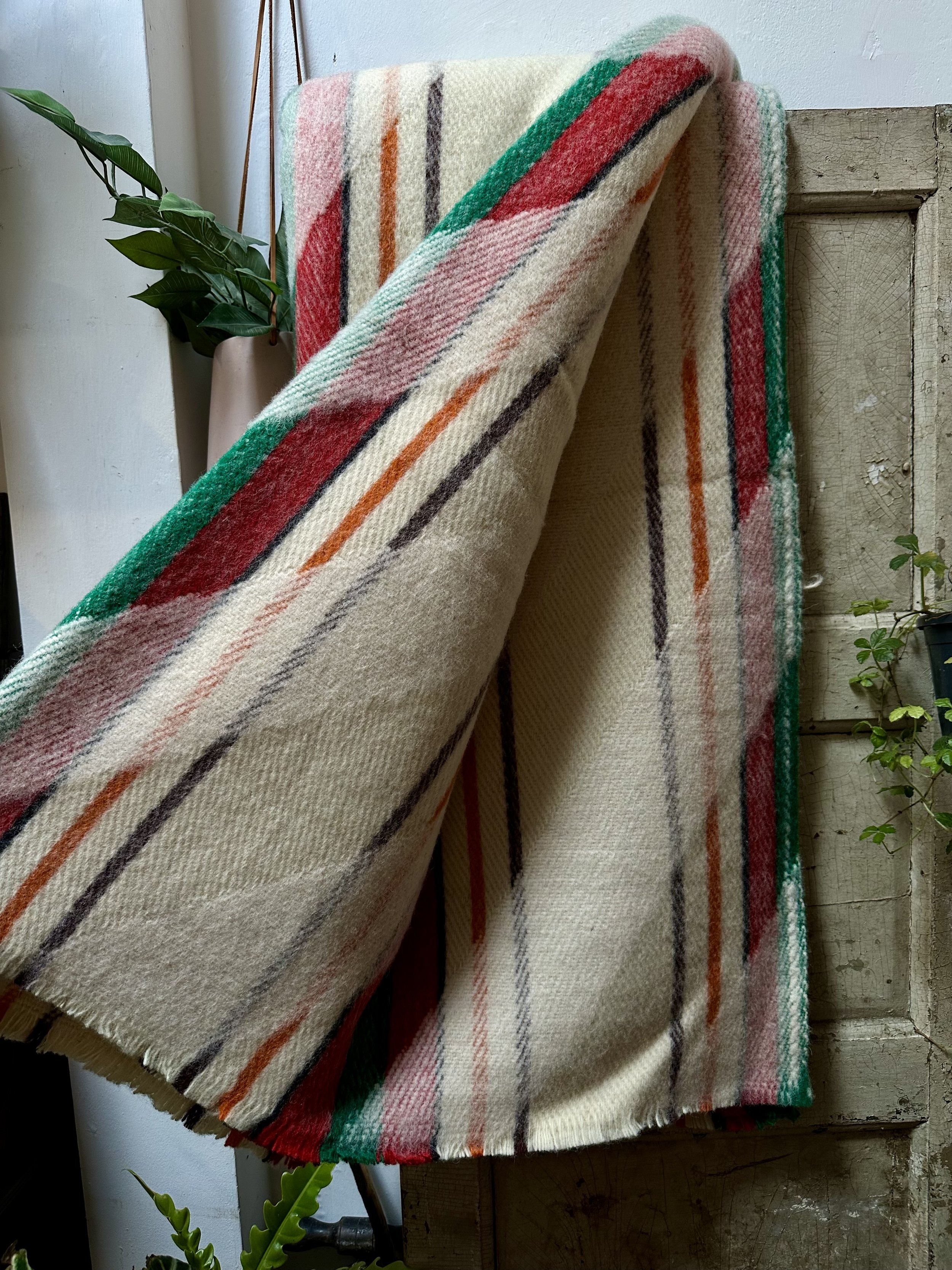 Bulgarian Wool Blanket in Cream, Red, and Green