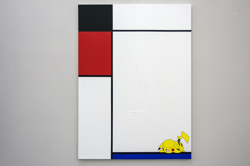 Composition No I, with Red, Black, Pikachu and Blue 2018 Acrylic on canvas 130x95cm MICHAEL PYBUS.jpg