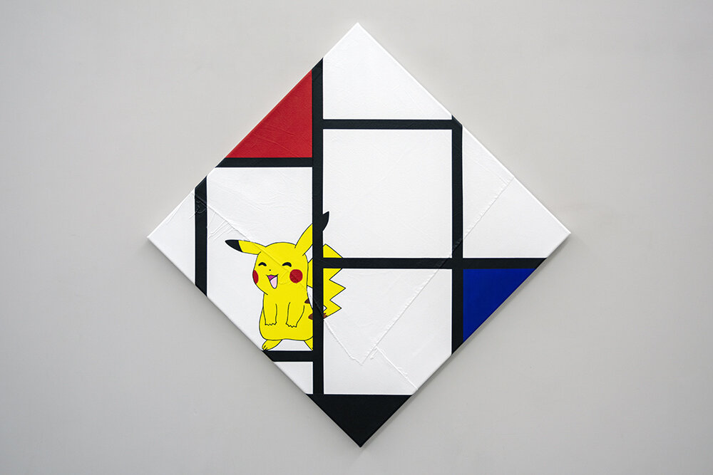 Lozenge Composition No IV with Red, Blue, Pikachu, and Black 2018 Acrylic on canvas Diagonal 106cm Sides 75x75cm MICHAEL PYBUS.jpg