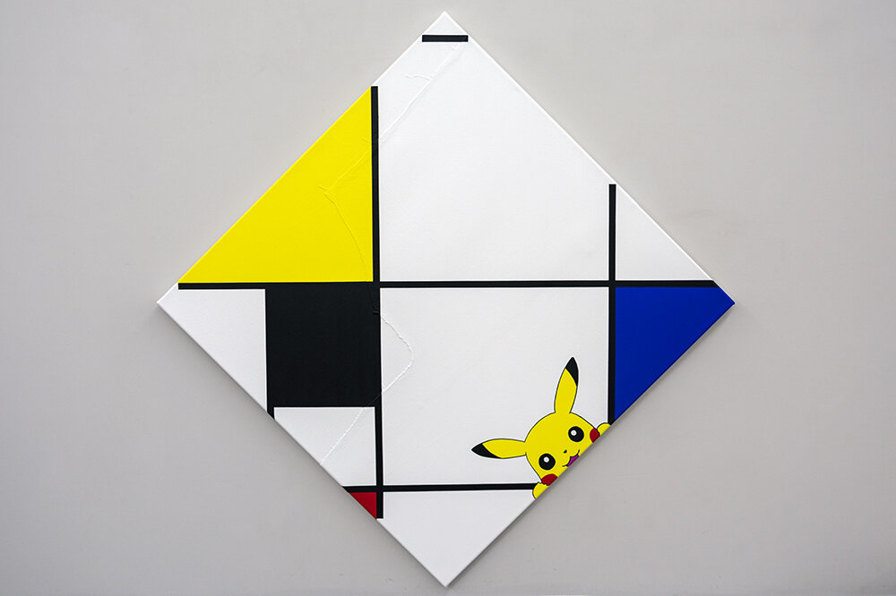 Lozenge Composition with Pikachu, Black, Blue and Red 2018 Acrylic on canvas Diagonal 127cm Sides 90x90cm MICHAEL PYBUS.jpg