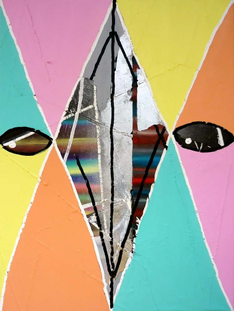 DESPERATE LIVING 2010 Confetti, spray paint, wood veneer and oil paint on canvas 100x70cm Michael Pybus.jpg