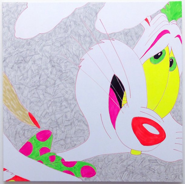 (cropped) Pointer 2015 Acrylic, UV blacklight glowing paint and pencil on canvas 150x150cm Michael Pybus.jpg