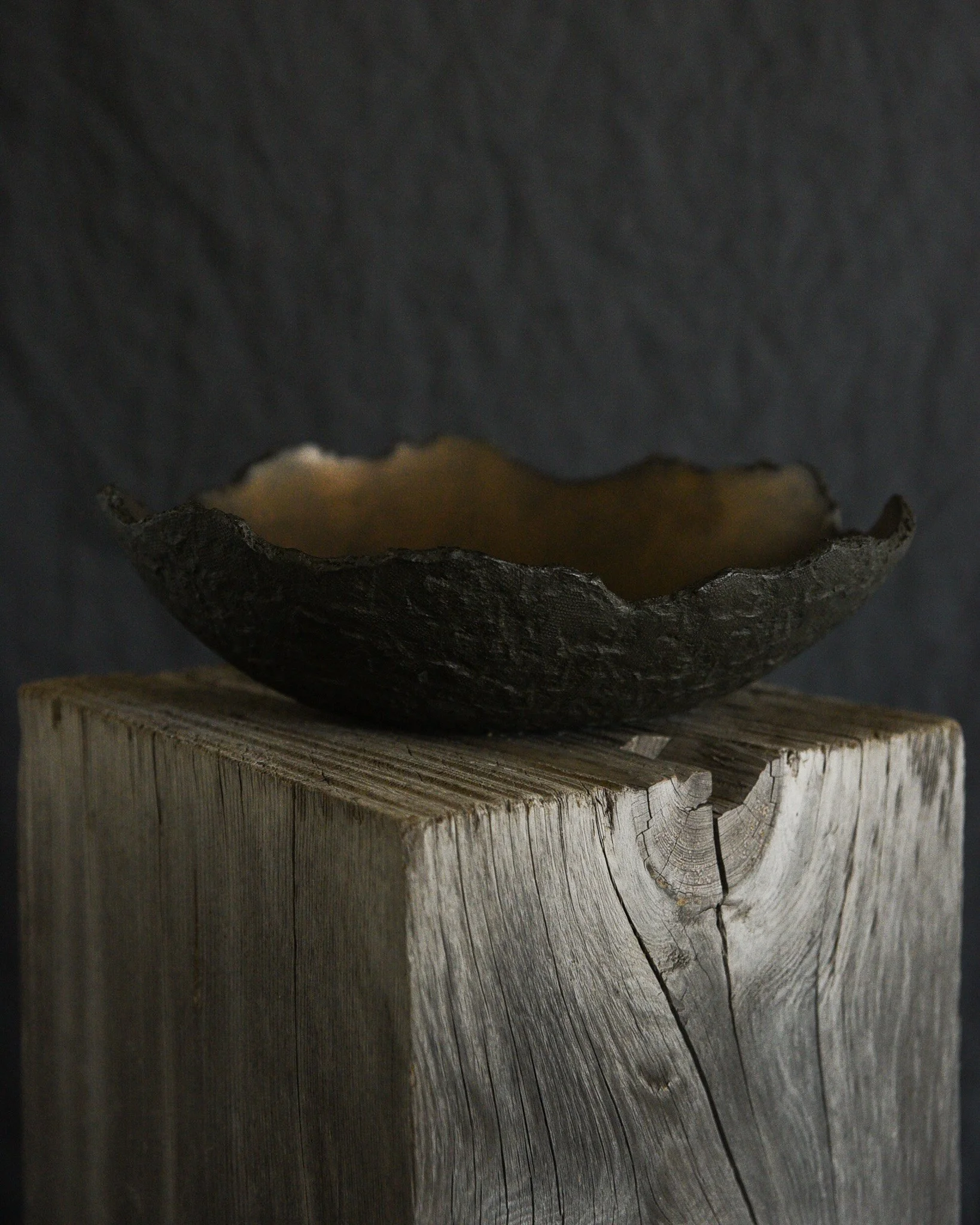 One-of-a-kind handmade ceramic vessel, contemporary wabi sabi with organic form and textured surface variation black bronze dish