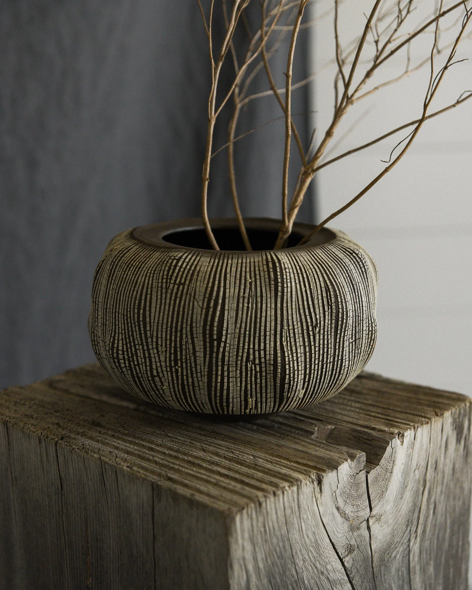 One-of-a-kind handmade ceramic vessel, contemporary wabi sabi with organic form and textured surface variation sodium silicate