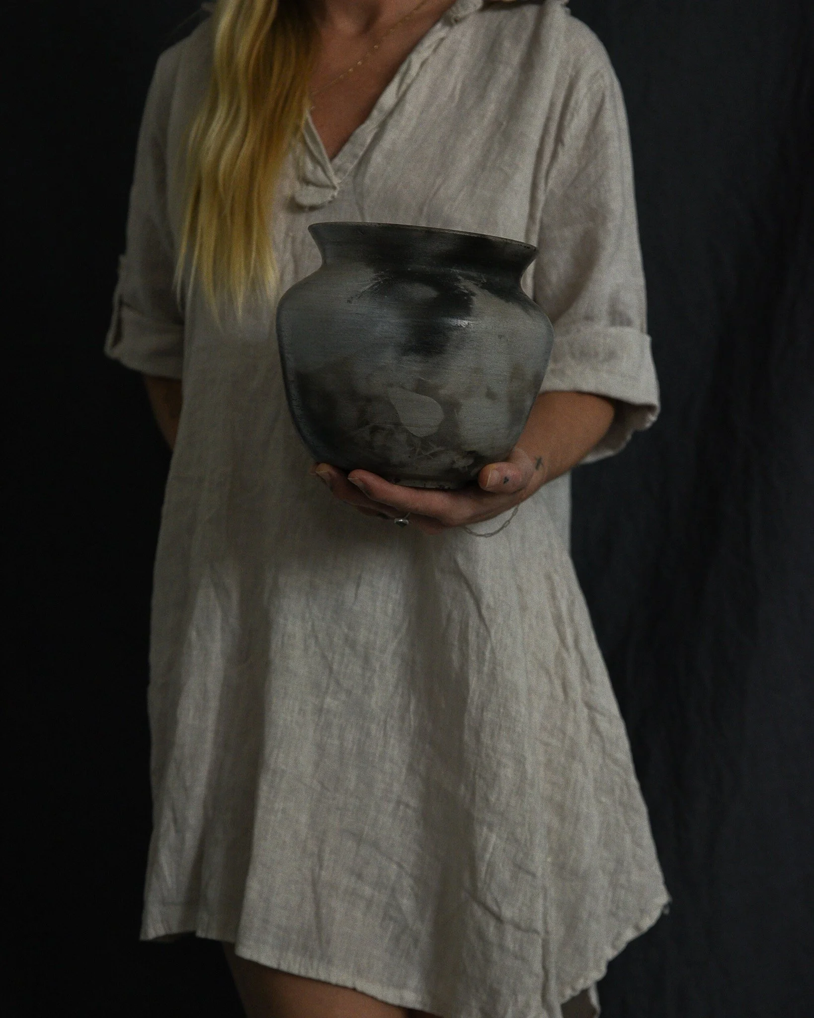 One-of-a-kind handmade ceramic vessel, contemporary wabi sabi with organic form and textured surface variation pit fired