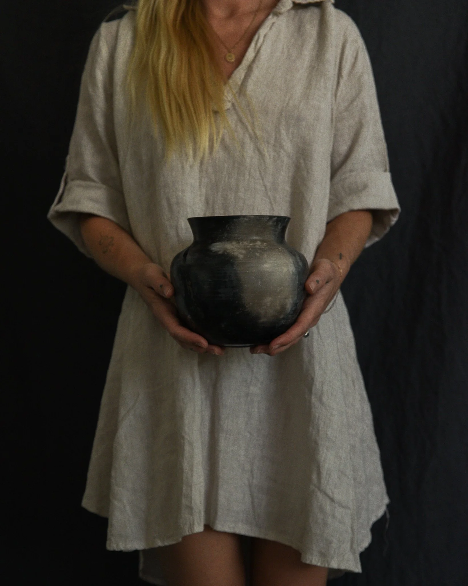 One-of-a-kind handmade ceramic vessel, contemporary wabi sabi with organic form and textured surface variation pit fired