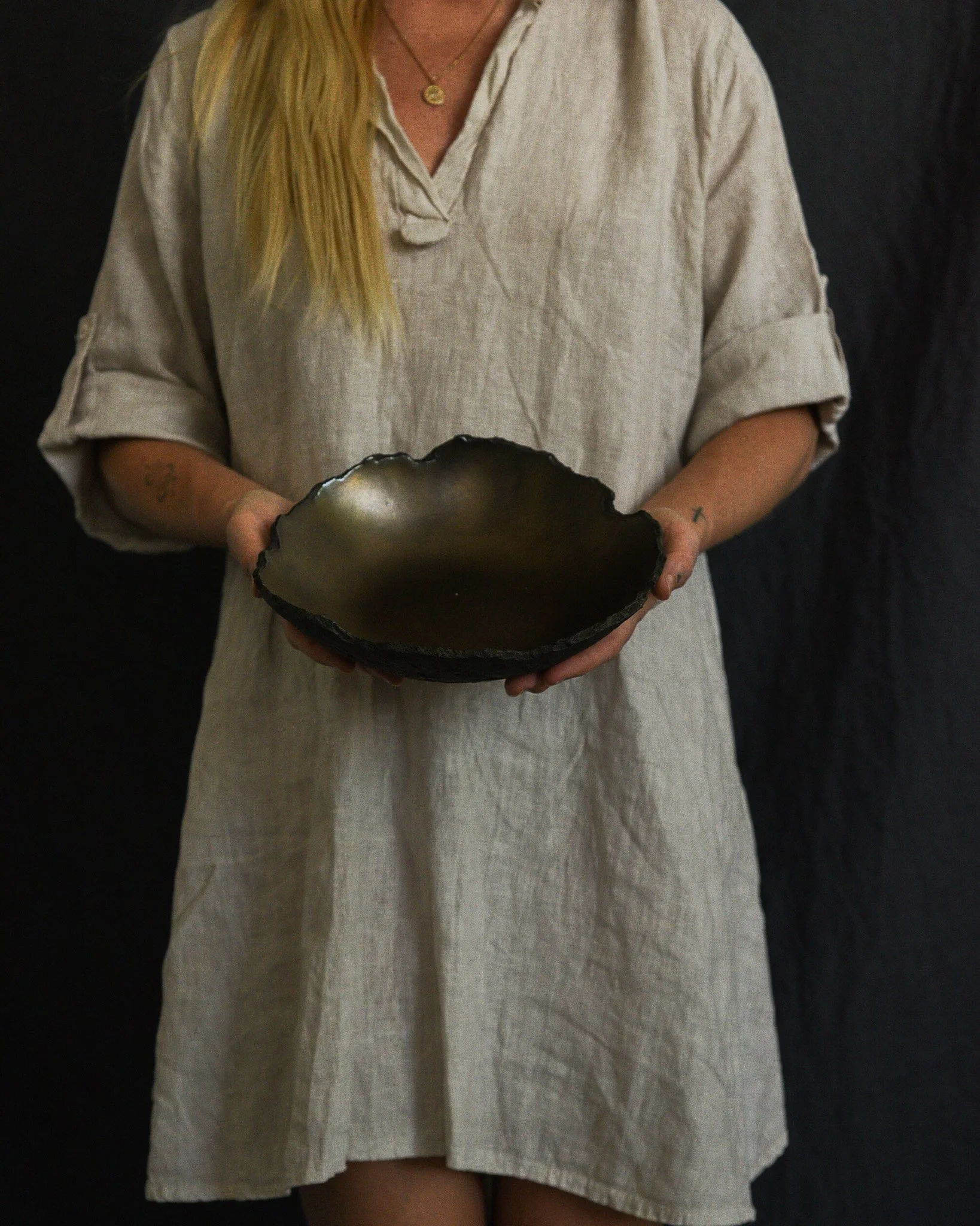 One-of-a-kind handmade ceramic vessel, contemporary wabi sabi with organic form and textured surface variation black bronze dish