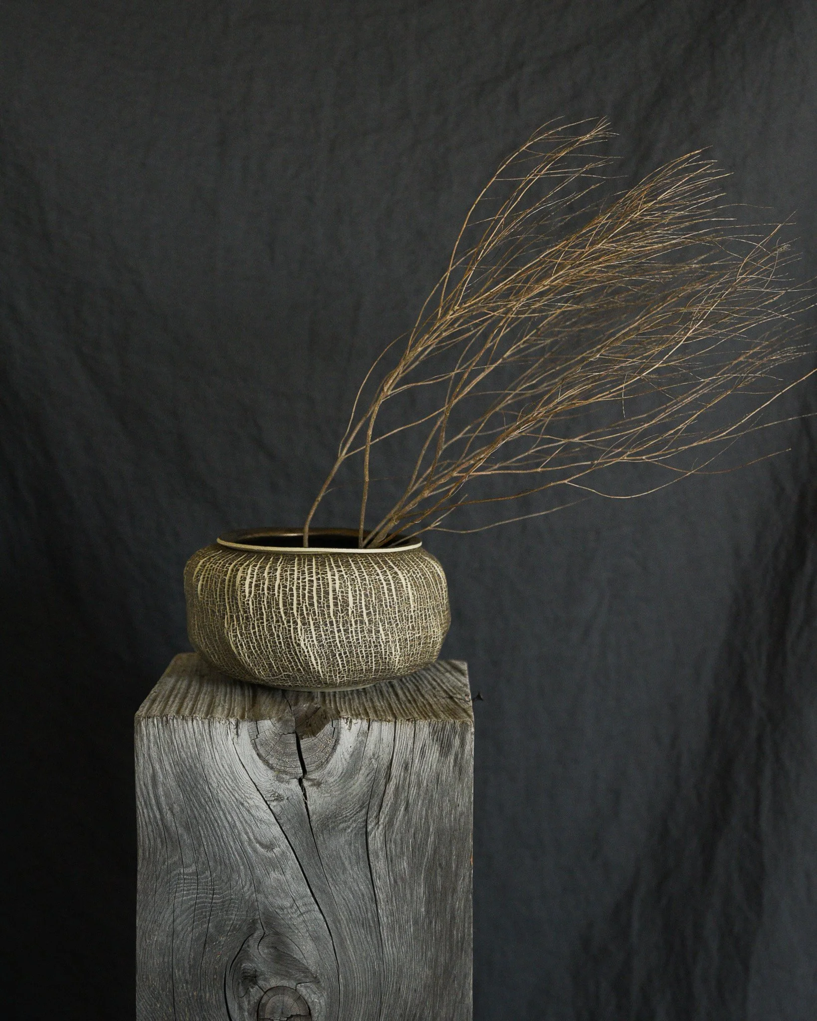 One-of-a-kind handmade ceramic vessel, contemporary wabi sabi with organic form and textured surface variation sodium silicate