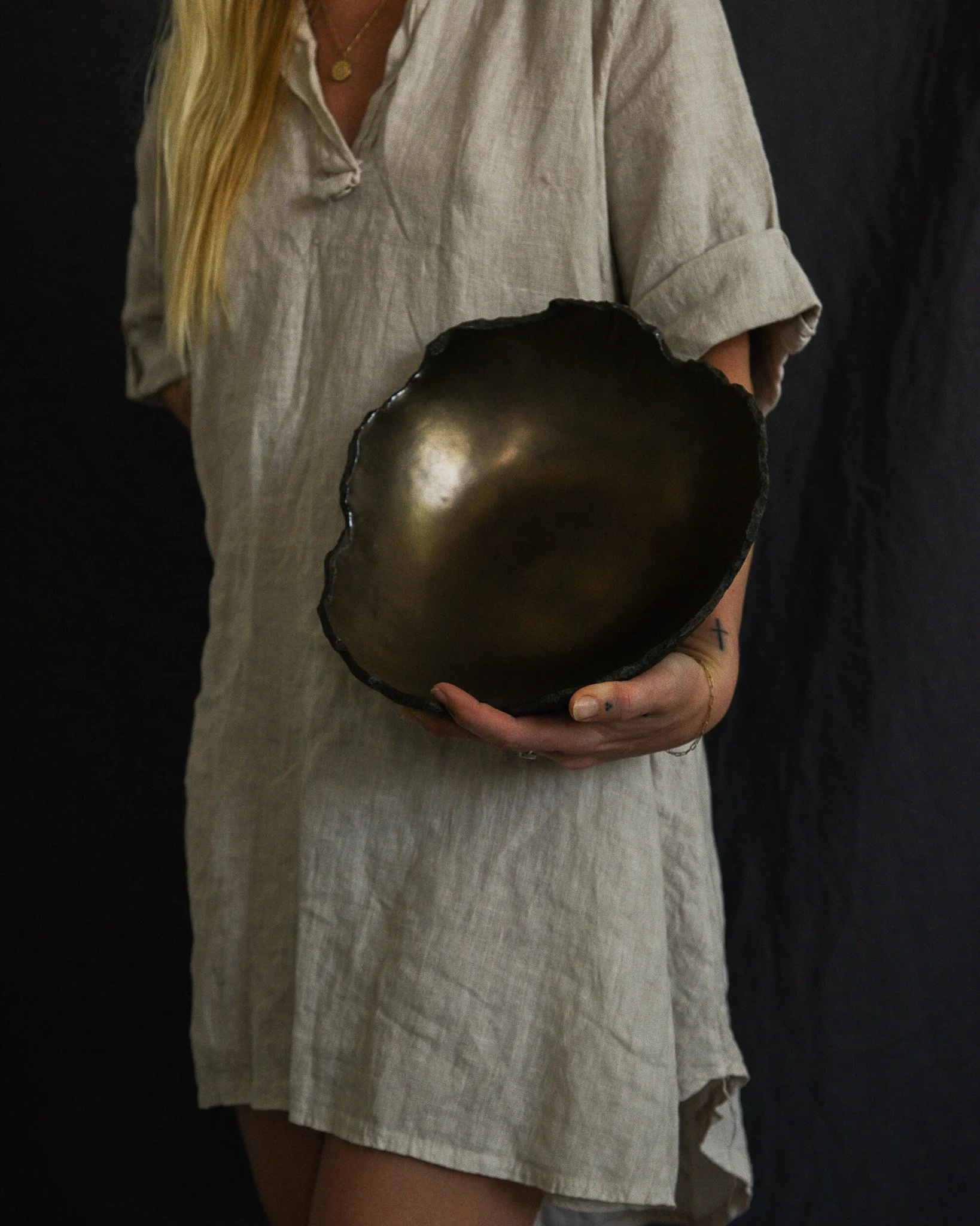 One-of-a-kind handmade ceramic vessel, contemporary wabi sabi with organic form and textured surface variation black bronze dish