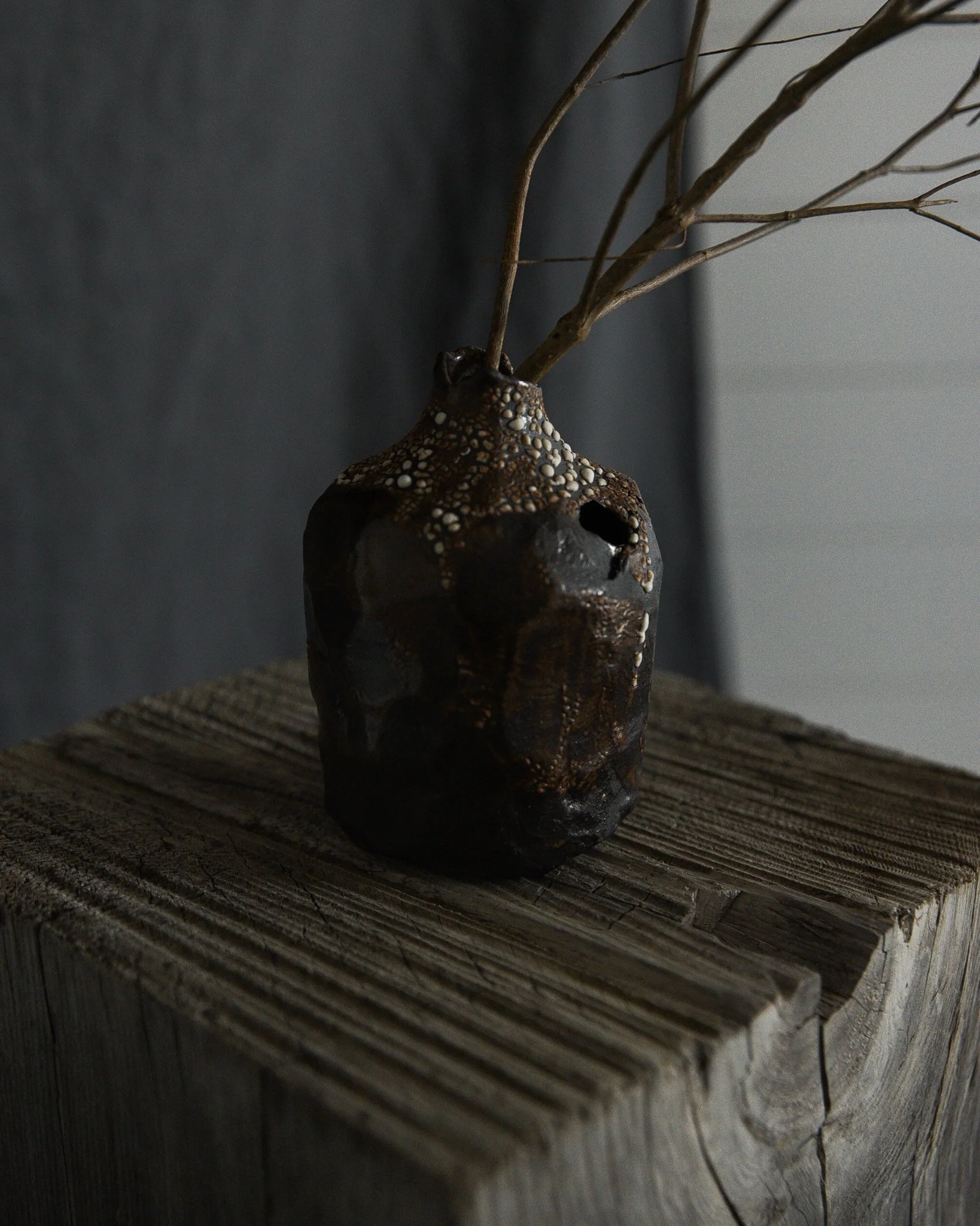 One-of-a-kind handmade ceramic vessel, contemporary wabi sabi with organic form and textured surface variation black
