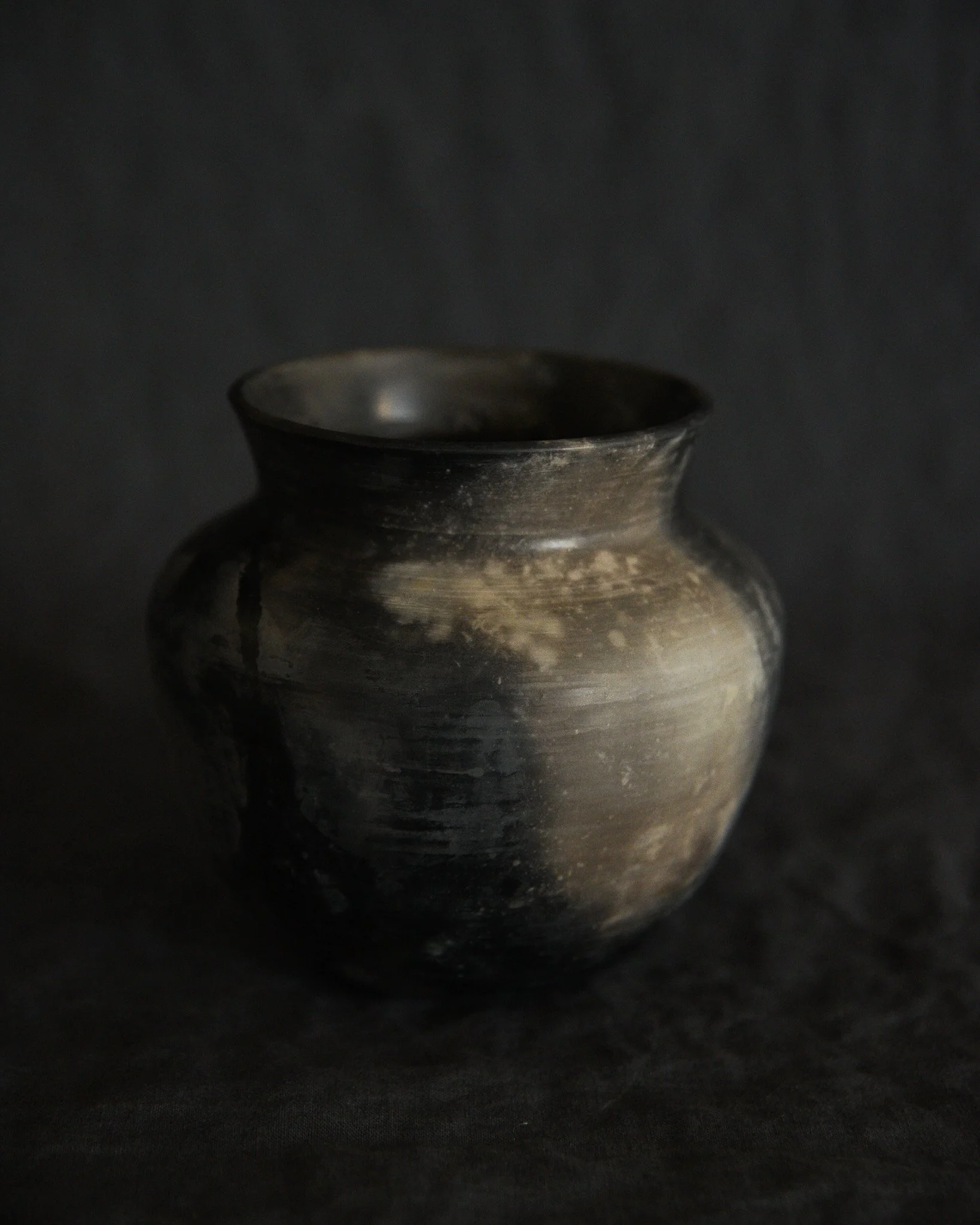 One-of-a-kind handmade ceramic vessel, contemporary wabi sabi with organic form and textured surface variation pit fired