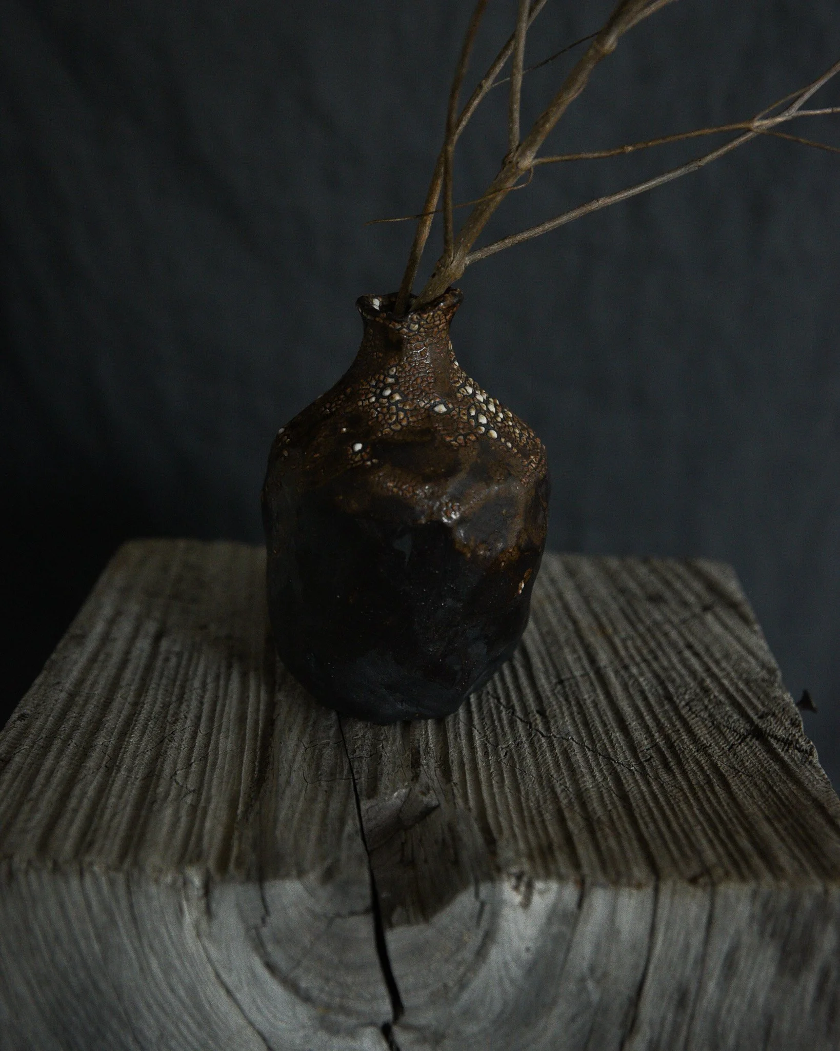 One-of-a-kind handmade ceramic vessel, contemporary wabi sabi with organic form and textured surface variation black