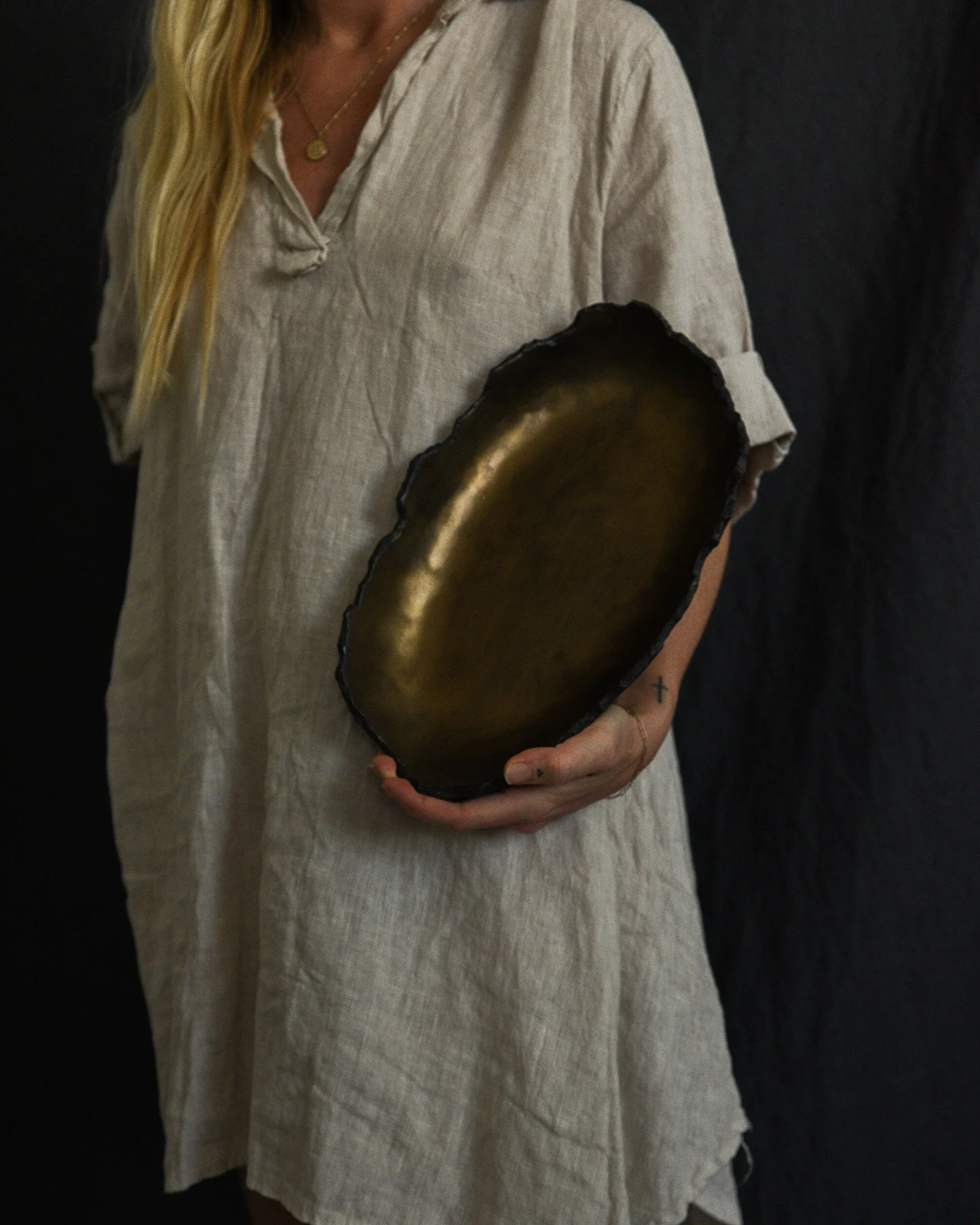 One-of-a-kind handmade ceramic vessel, contemporary wabi sabi with organic form and textured surface variation black bronze dish