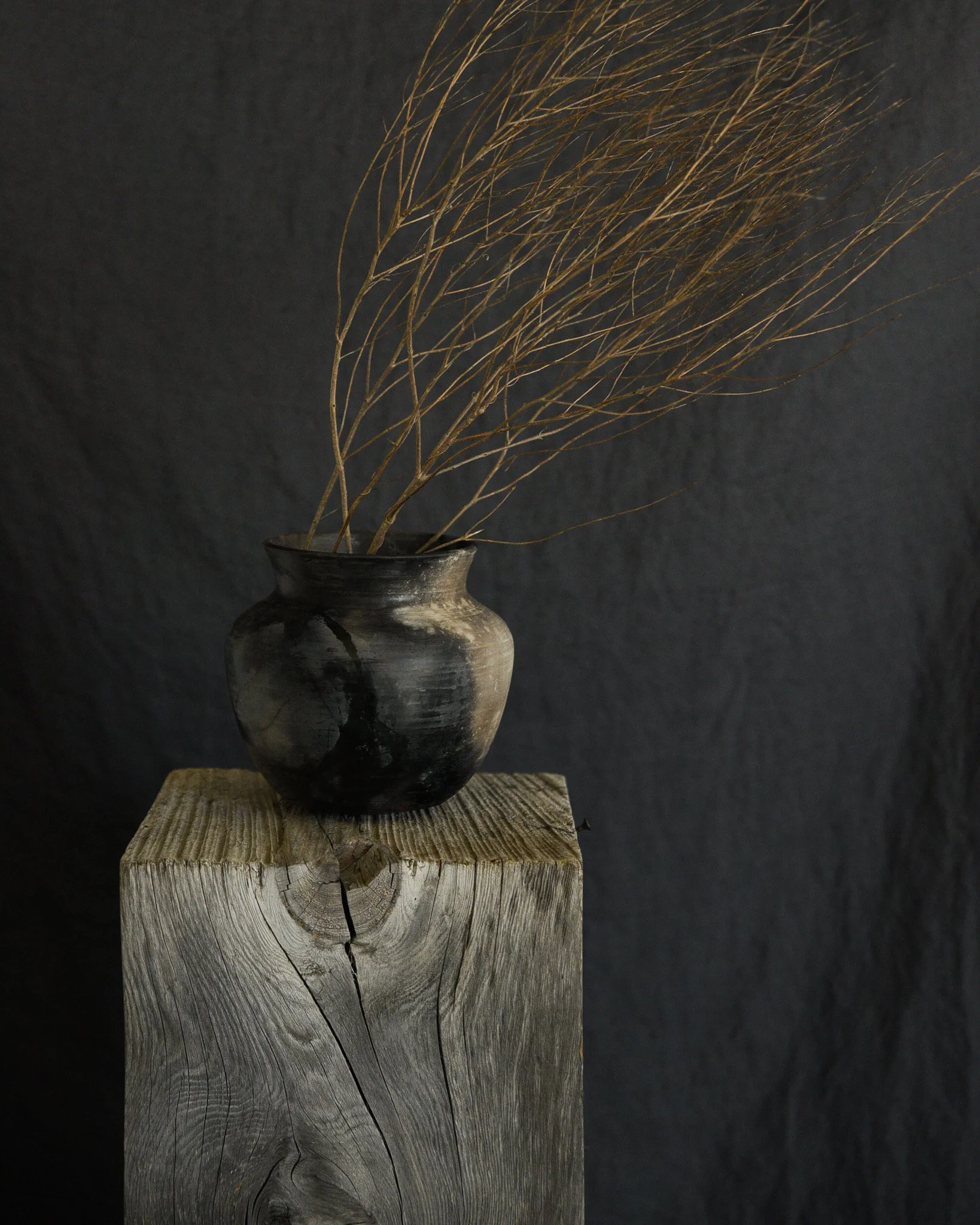 One-of-a-kind handmade ceramic vessel, contemporary wabi sabi with organic form and textured surface variation pit fired