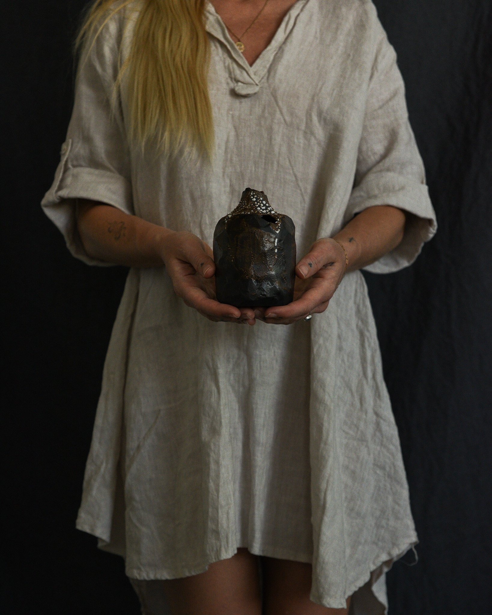 One-of-a-kind handmade ceramic vessel, contemporary wabi sabi with organic form and textured surface variation black