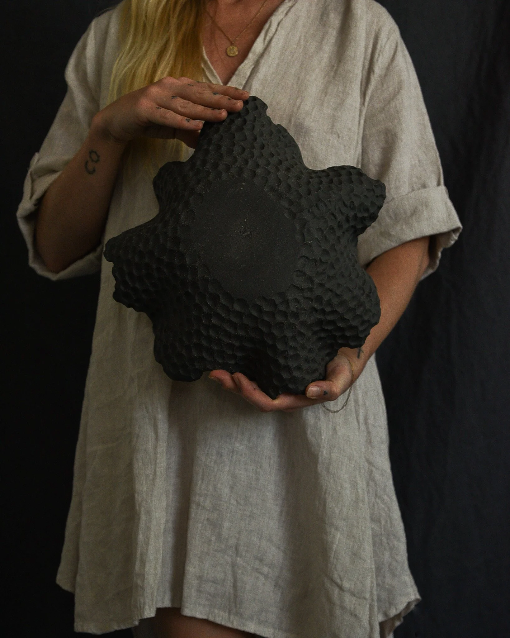 One-of-a-kind handmade ceramic vessel, contemporary wabi sabi with organic form and textured surface variation black bronze dish