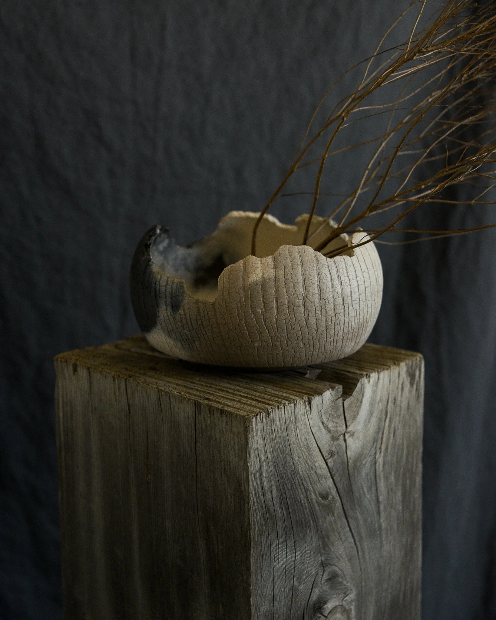 One-of-a-kind handmade ceramic vessel, contemporary wabi sabi with organic form and textured surface variation pit fired sodium silicate
