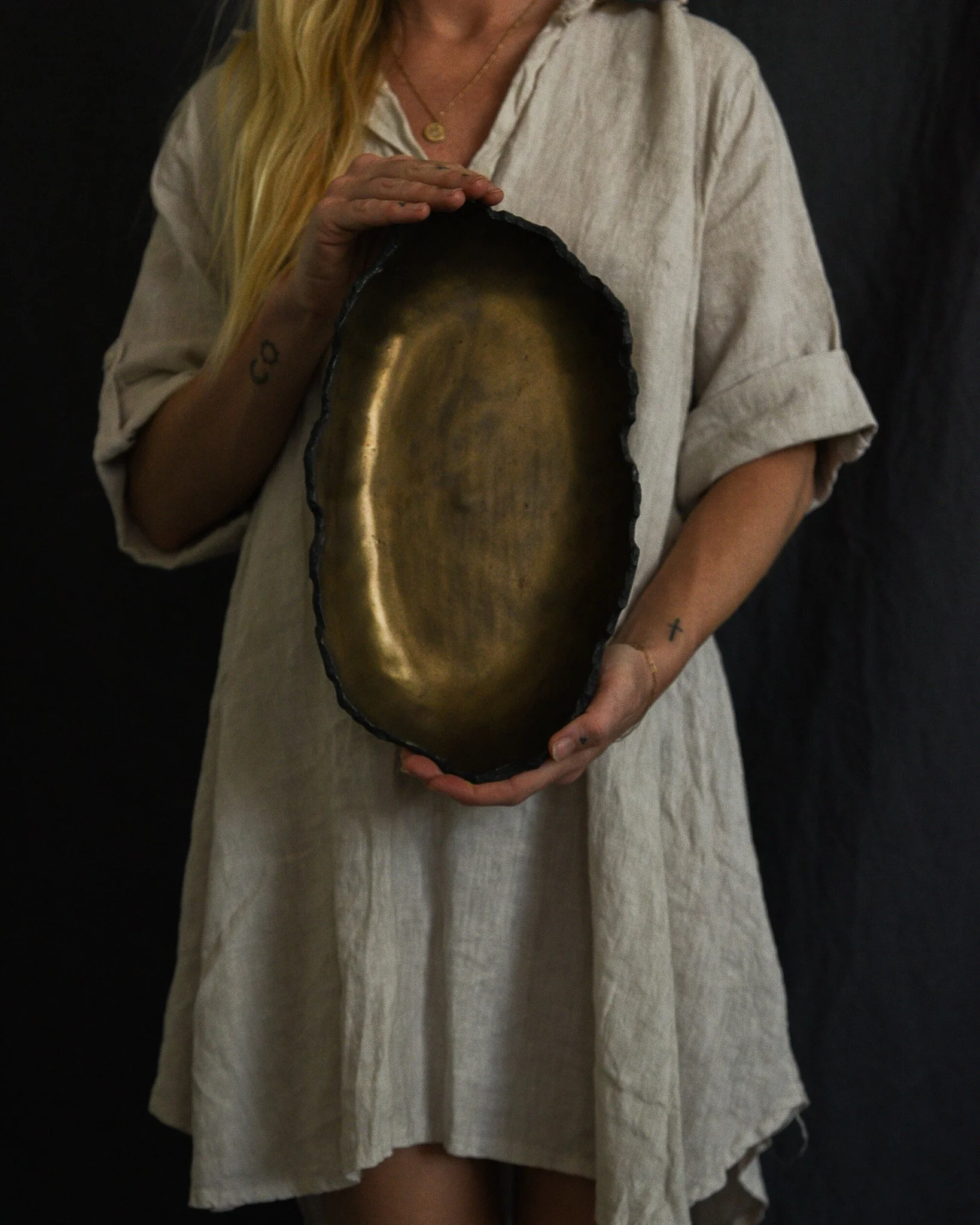 One-of-a-kind handmade ceramic vessel, contemporary wabi sabi with organic form and textured surface variation black bronze dish